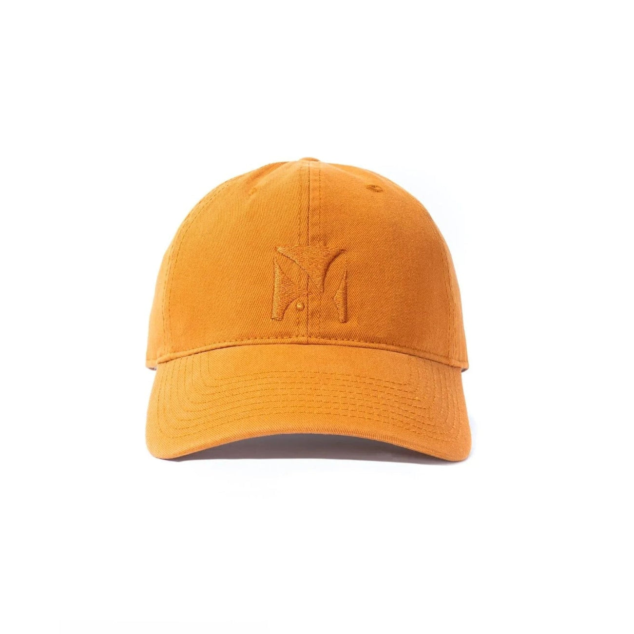 Orange adjustable dad hat with embroidered front logo, casual unisex cap on white background