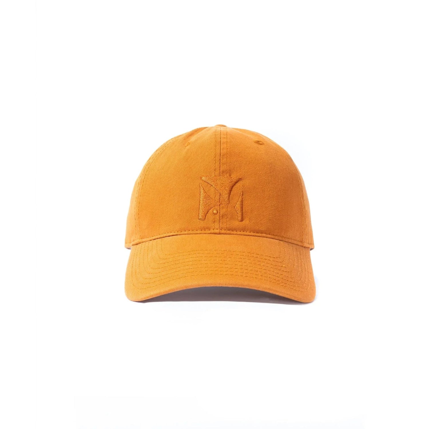Orange adjustable dad hat with embroidered front logo, casual unisex cap on white background