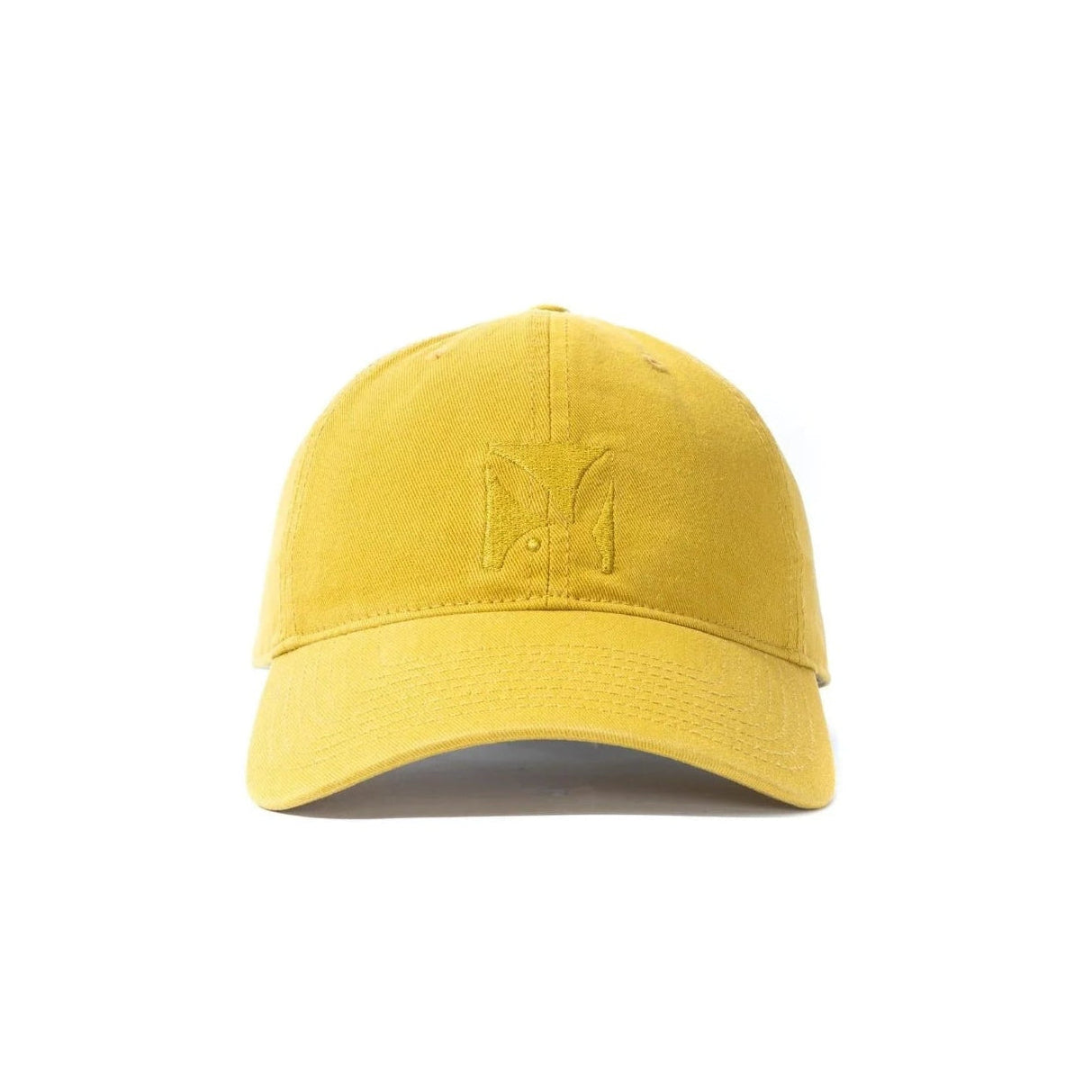 Yellow adjustable dad hat with embroidered logo on front, minimalist style, unisex accessory