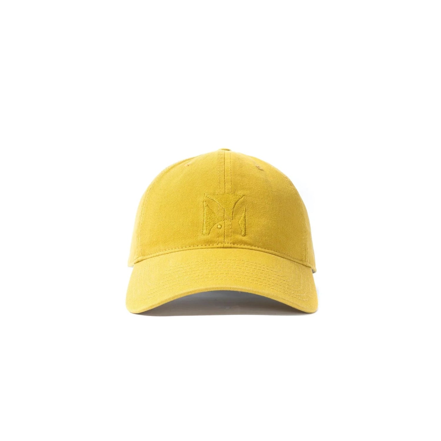 Yellow adjustable dad hat with embroidered logo on front, minimalist style, unisex accessory