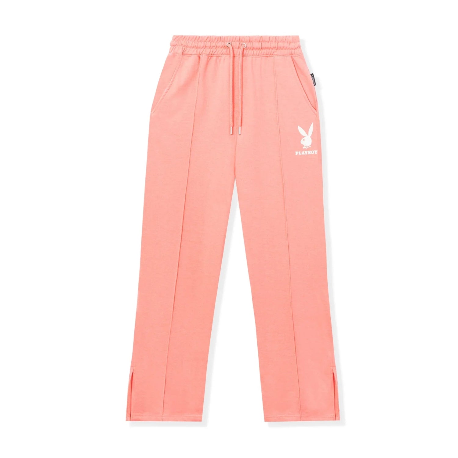 Pink drawstring sweatpants with white bunny logo, front pockets, and ankle slits