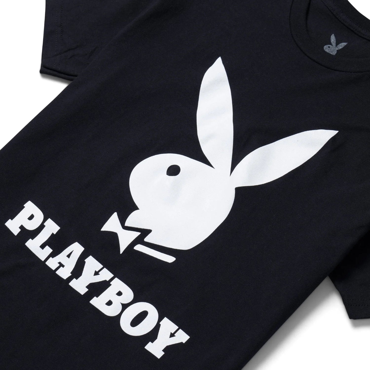 Black t-shirt featuring large white bunny logo and PLAYBOY text print on front