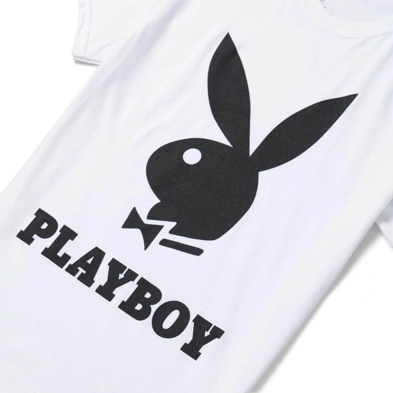 White t-shirt with large black bunny logo and PLAYBOY text graphic on front