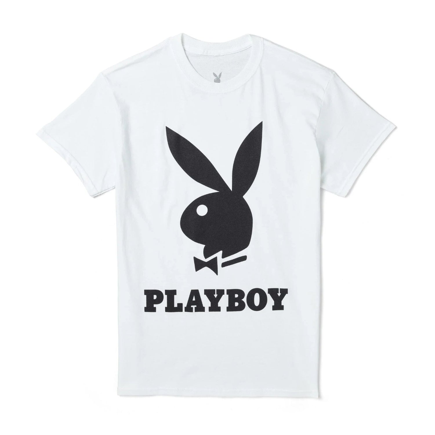 White t-shirt with bold black bunny logo and PLAYBOY text, men's streetwear fashion