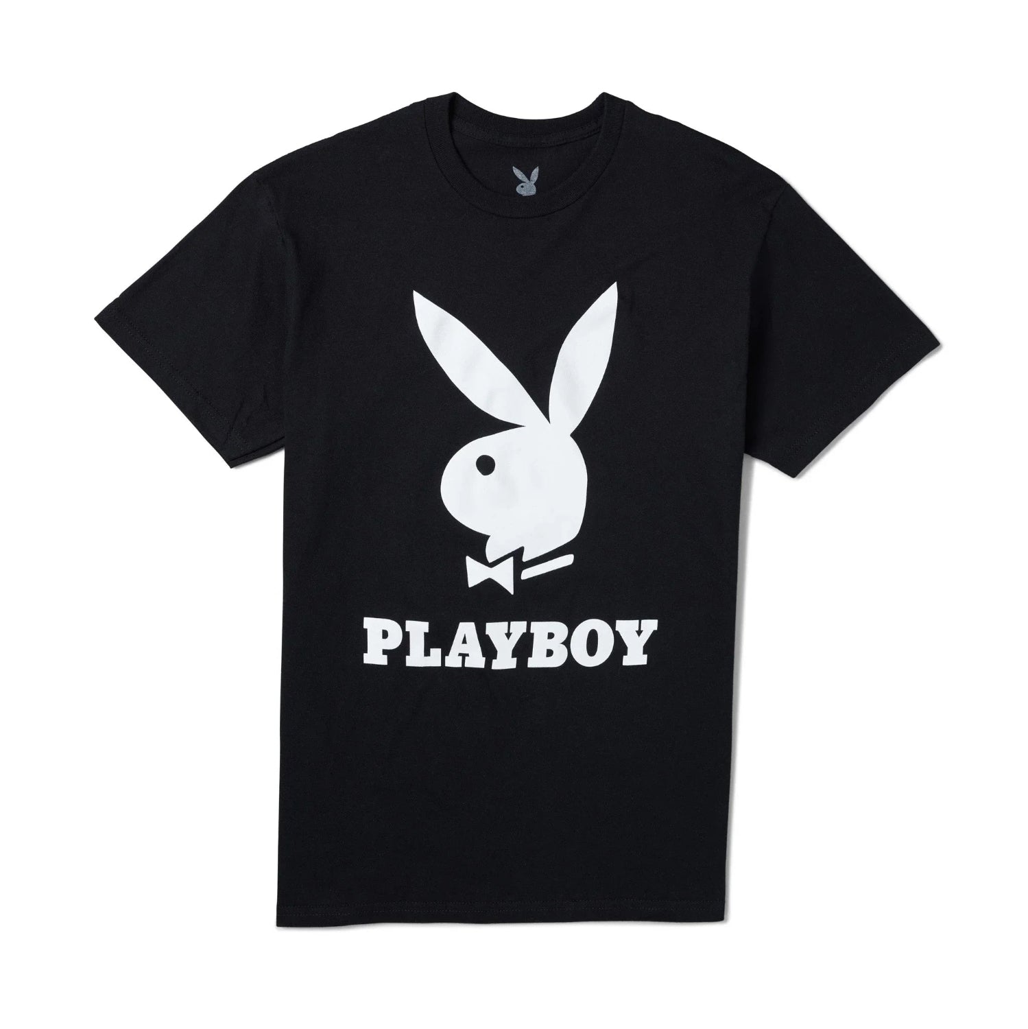 Black short sleeve t-shirt with large white rabbit head logo and PLAYBOY text on front
