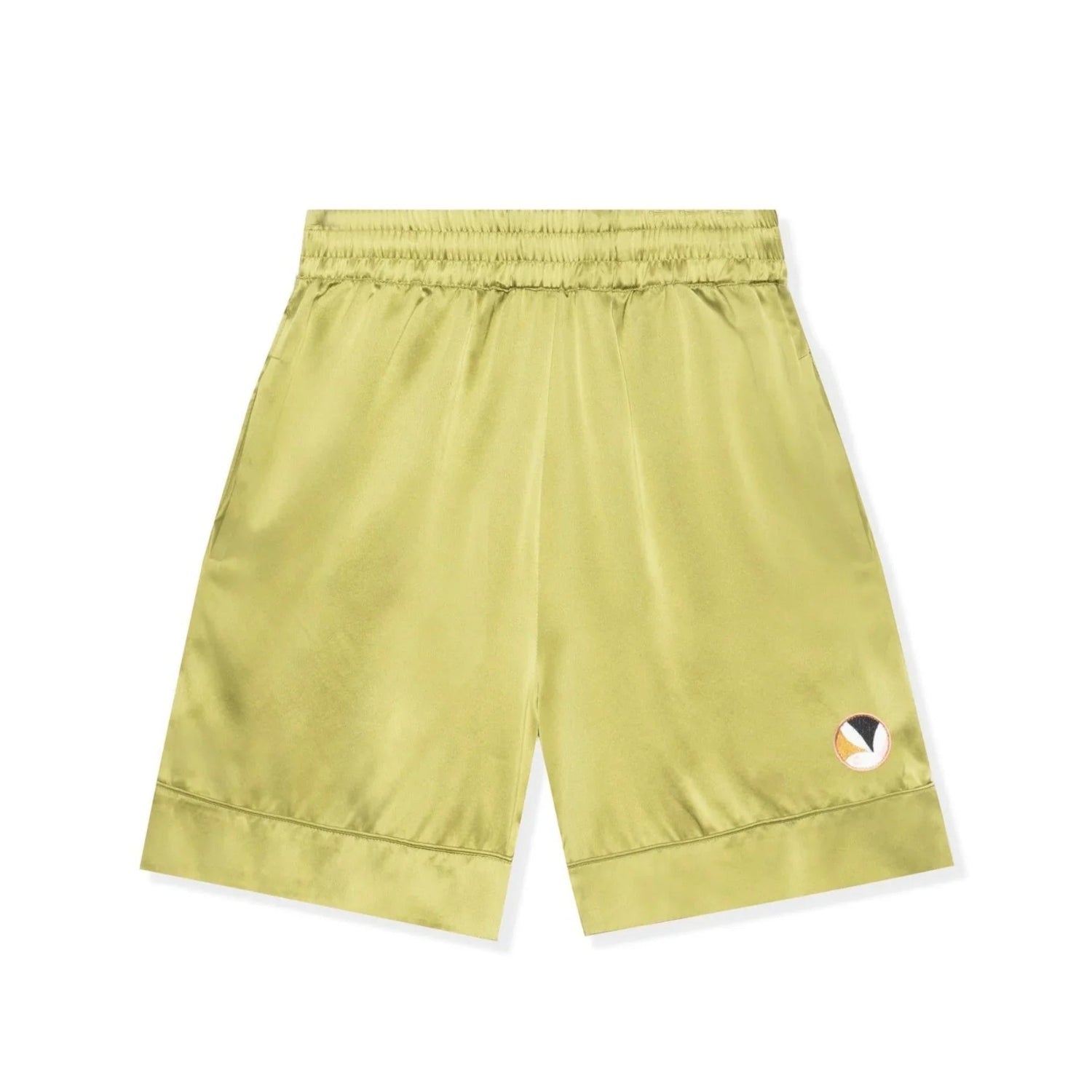 Light green long silk shorts with elastic waistband and small embroidered logo on leg