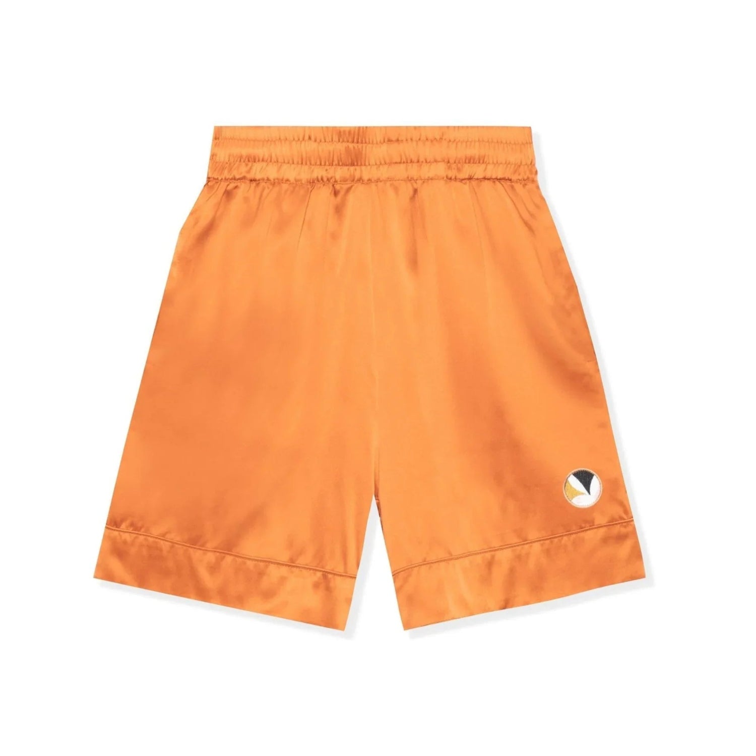 Orange long silk shorts with elastic waistband and bunny logo patch on the left leg