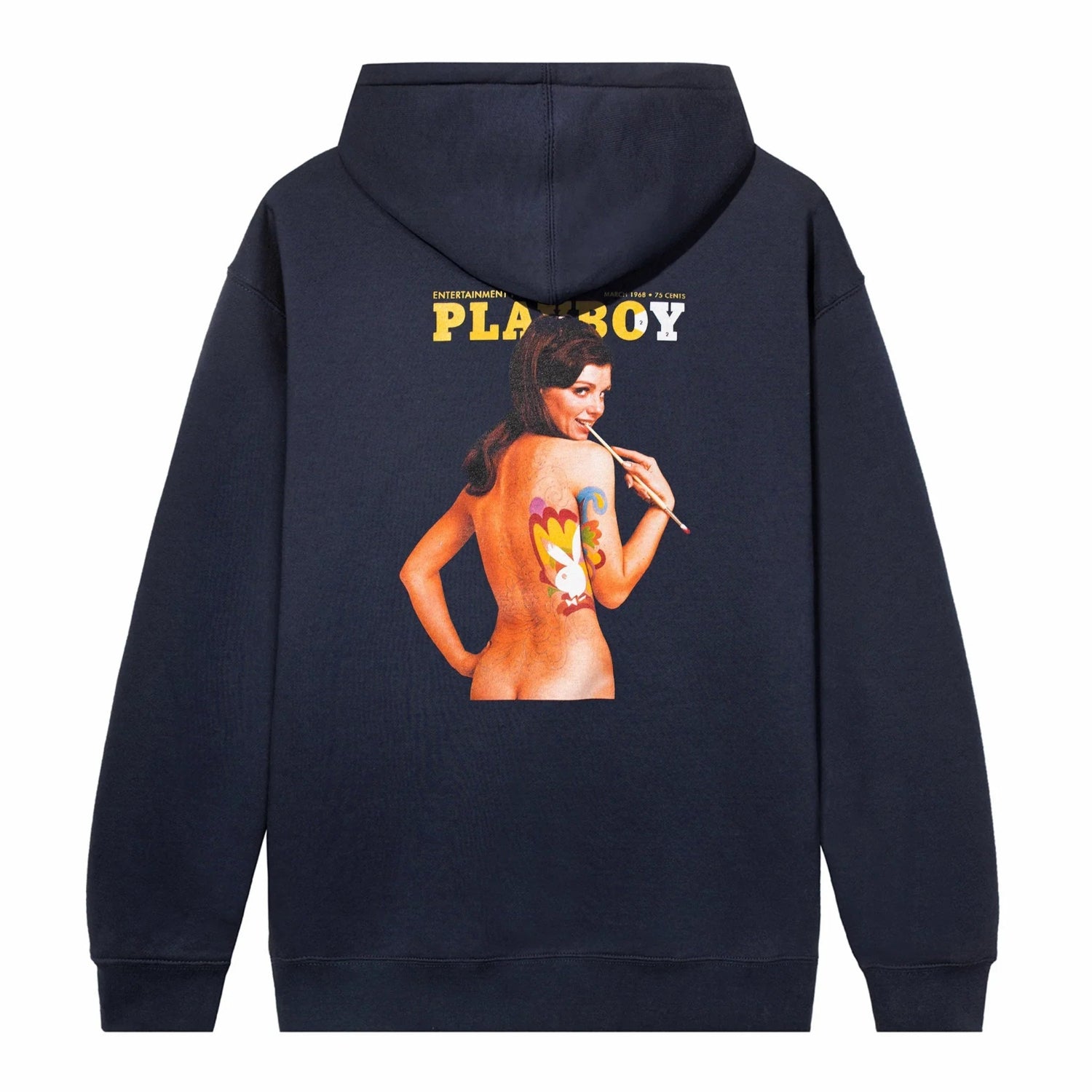 Navy hoodie with vintage magazine cover graphic featuring a woman and colorful design on back.