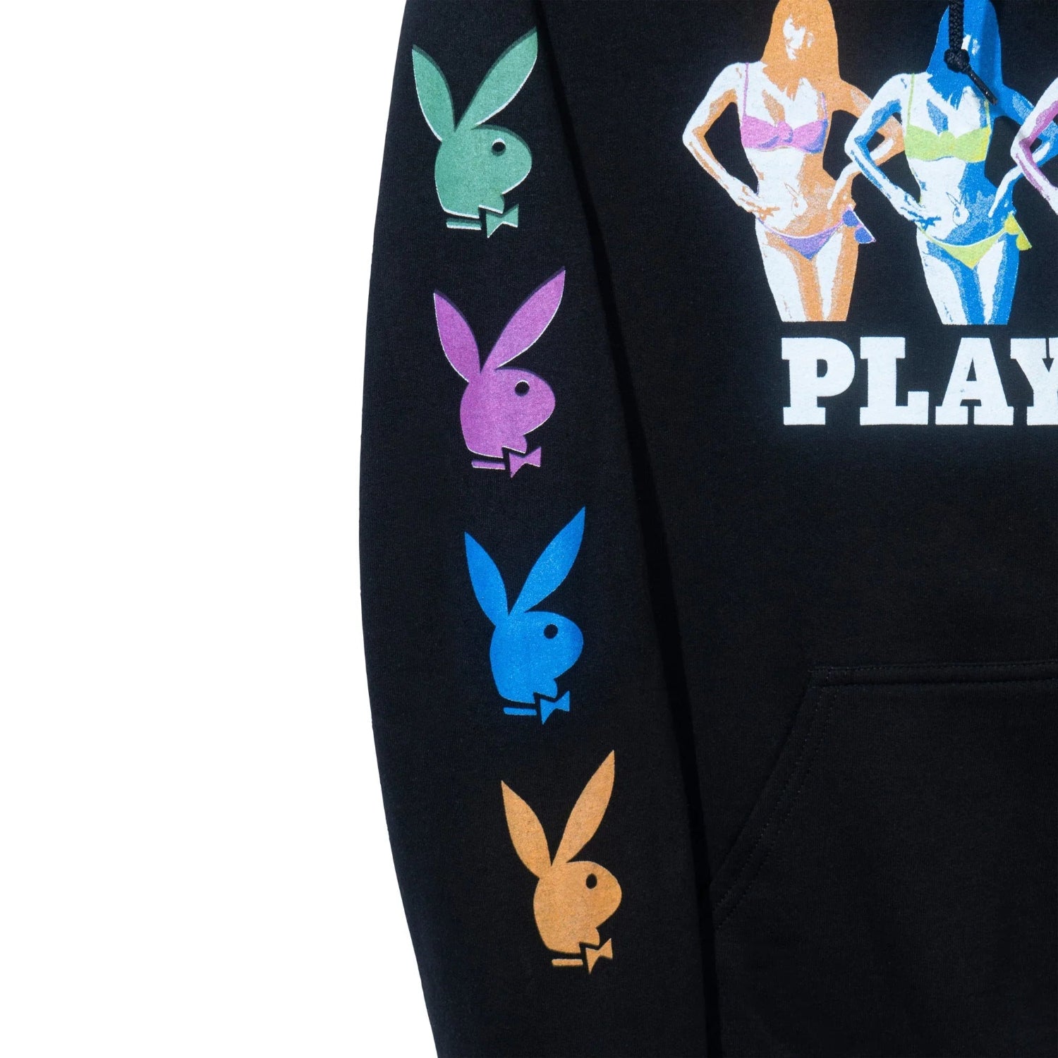 Black hoodie with colorful bunny logos on the sleeve and bikini silhouettes on the chest