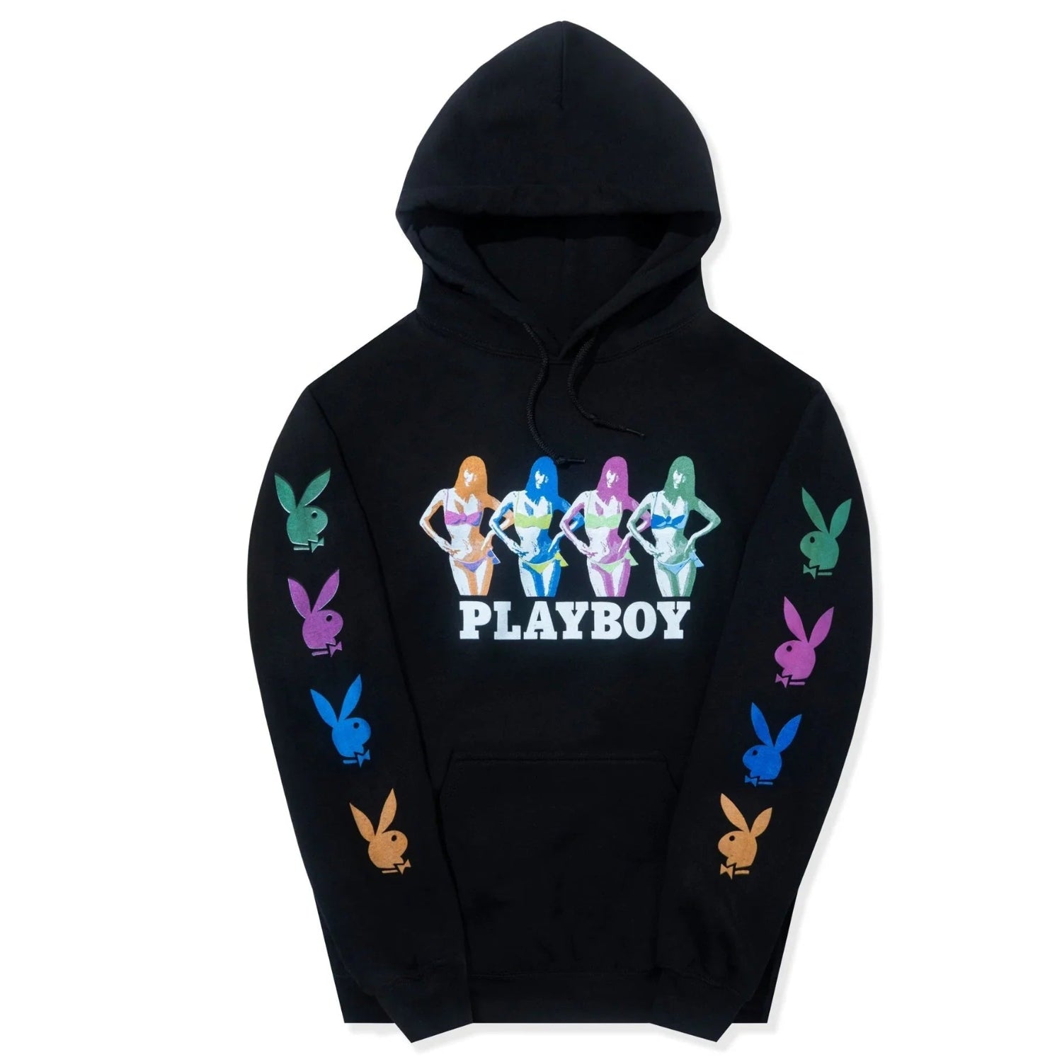 Black hoodie featuring colorful repeating graphic of women in bunny outfits and multicolor bunny logos on sleeves