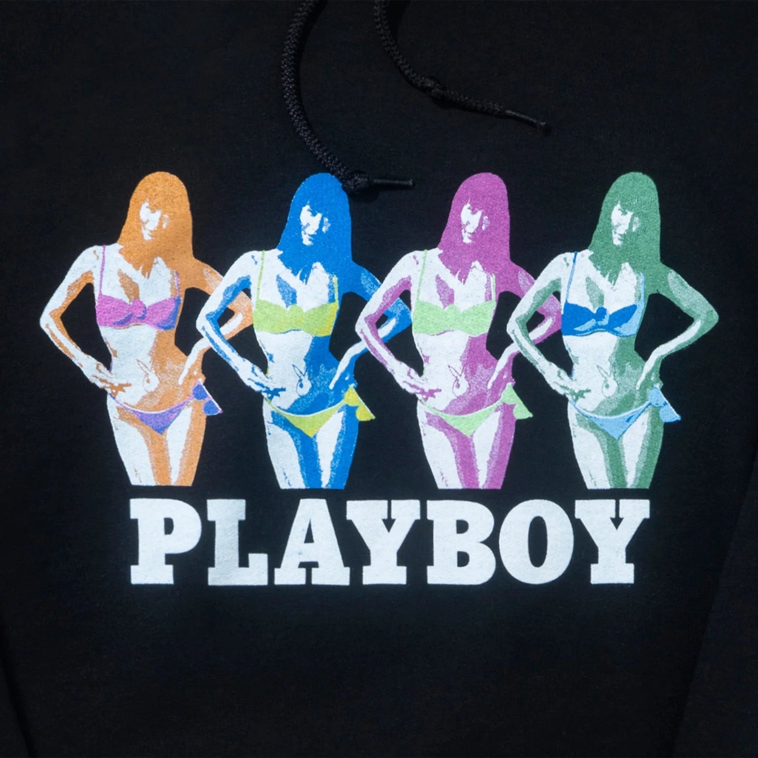 Black hoodie with colorful bikini model graphic and bold PLAYBOY text on the front.