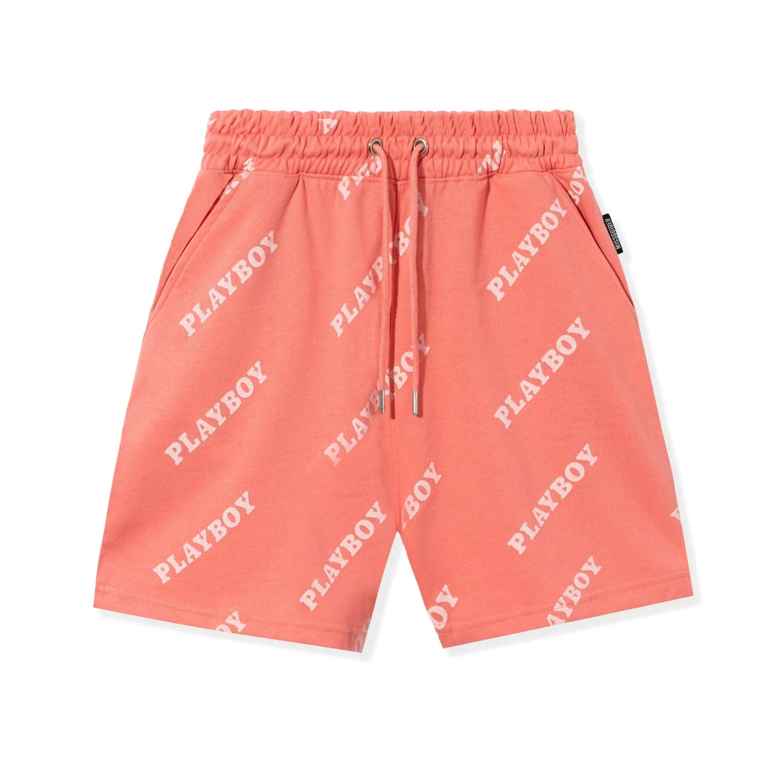 Coral pink men's drawstring shorts with all-over PLAYBOY logo print and side pockets.