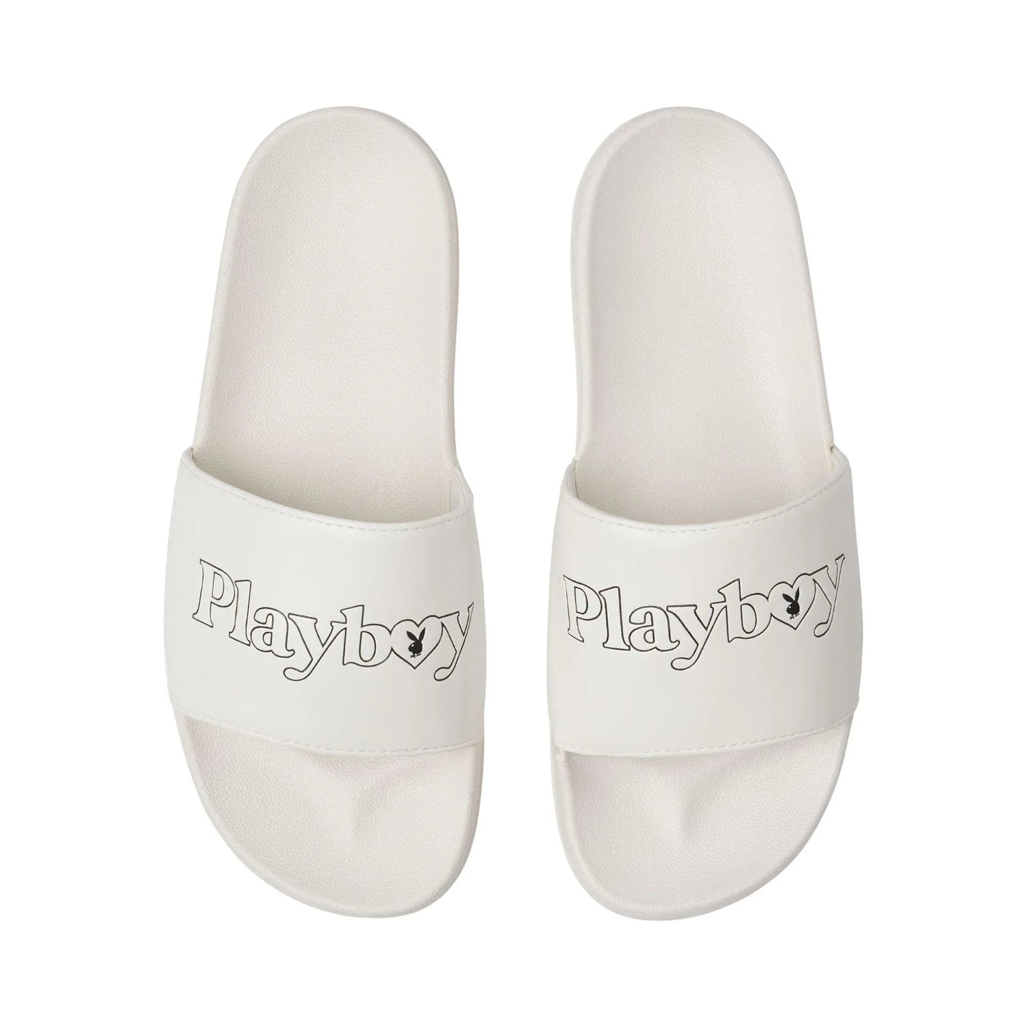 White slides with bold logo text, heart and silhouette graphic on straps, top view