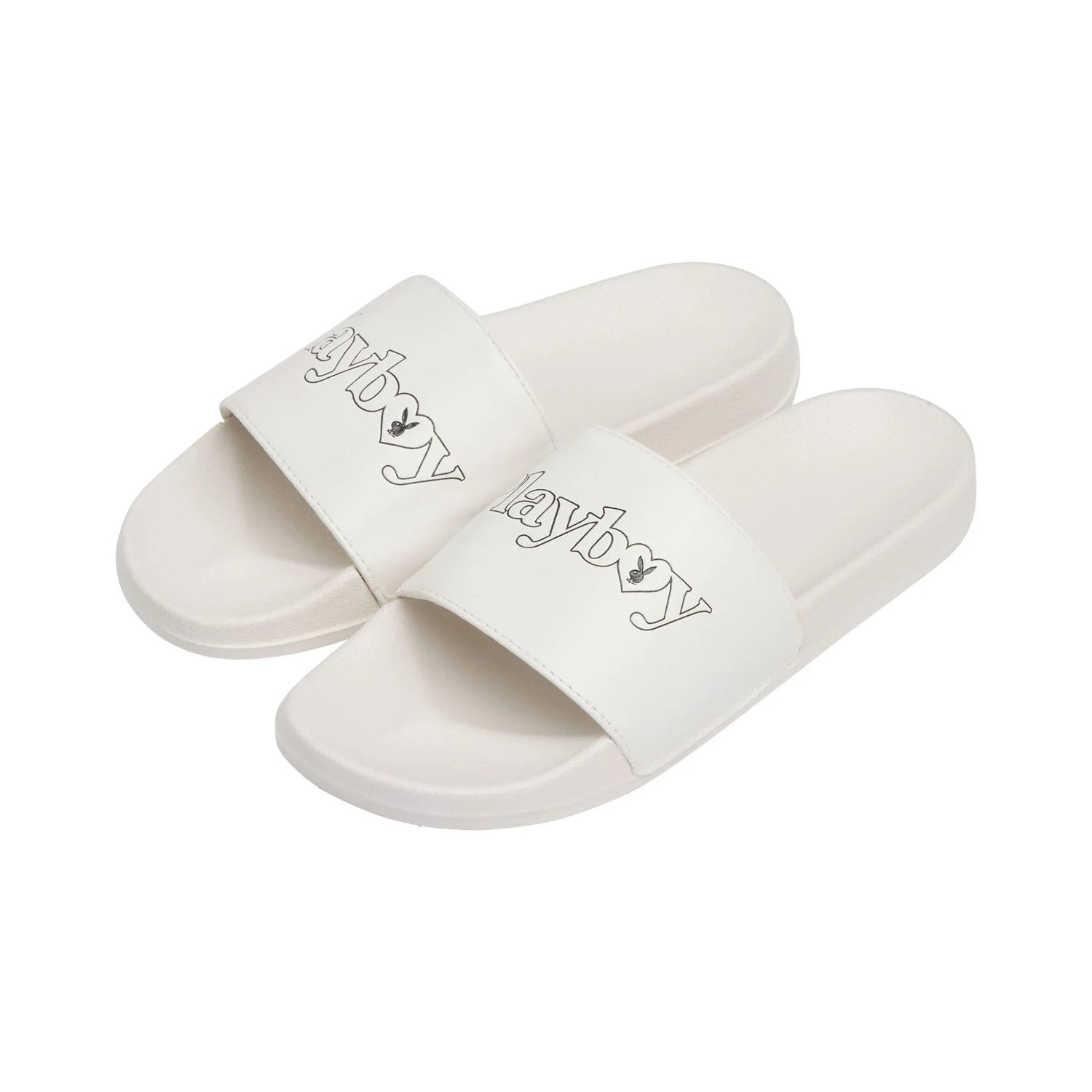 White slide sandals with black logo text on straps on a white background