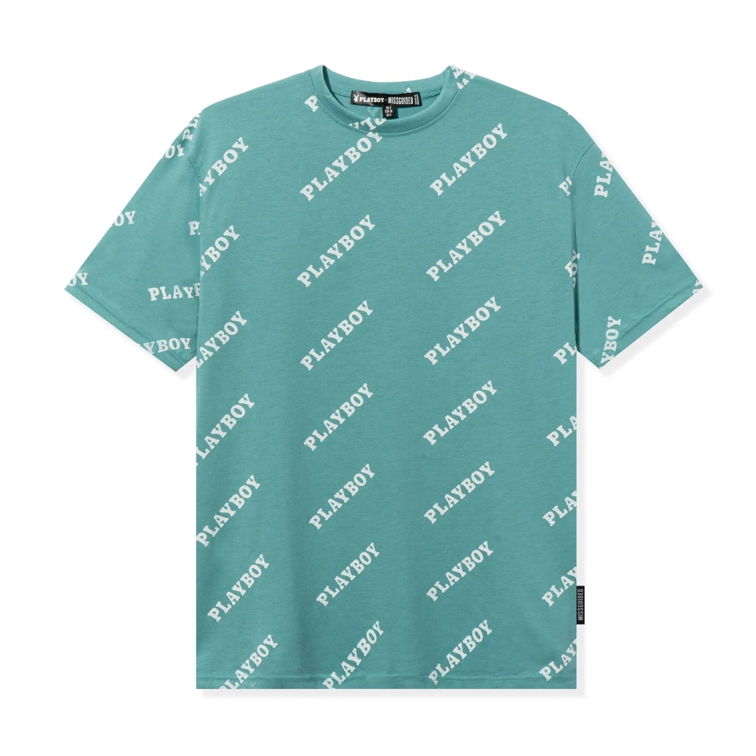 Teal oversized t-shirt with white PLAYBOY text print, men's streetwear, short sleeves