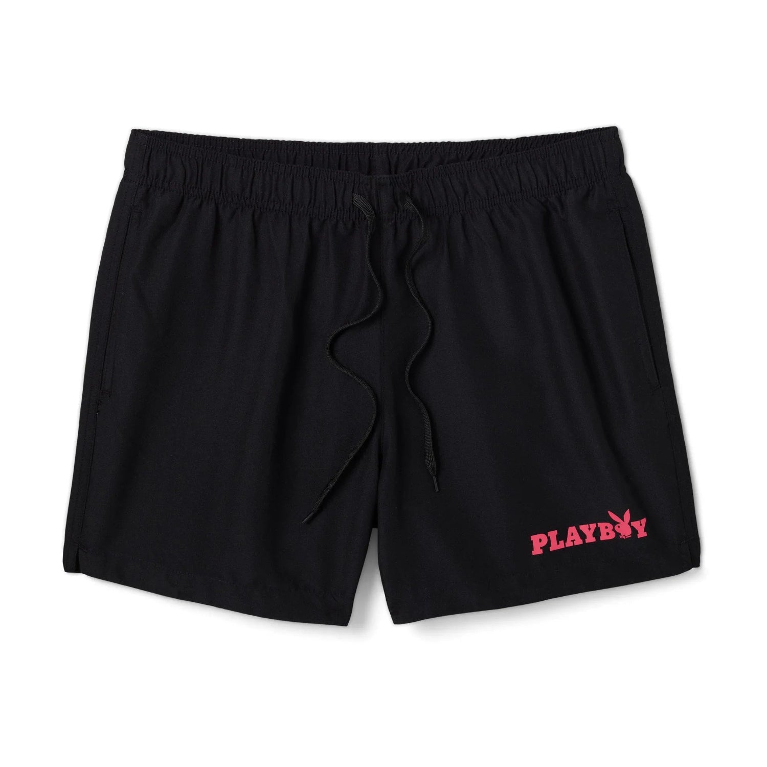 Men's black swim trunks with pink Playboy logo, elastic waistband, and drawstring
