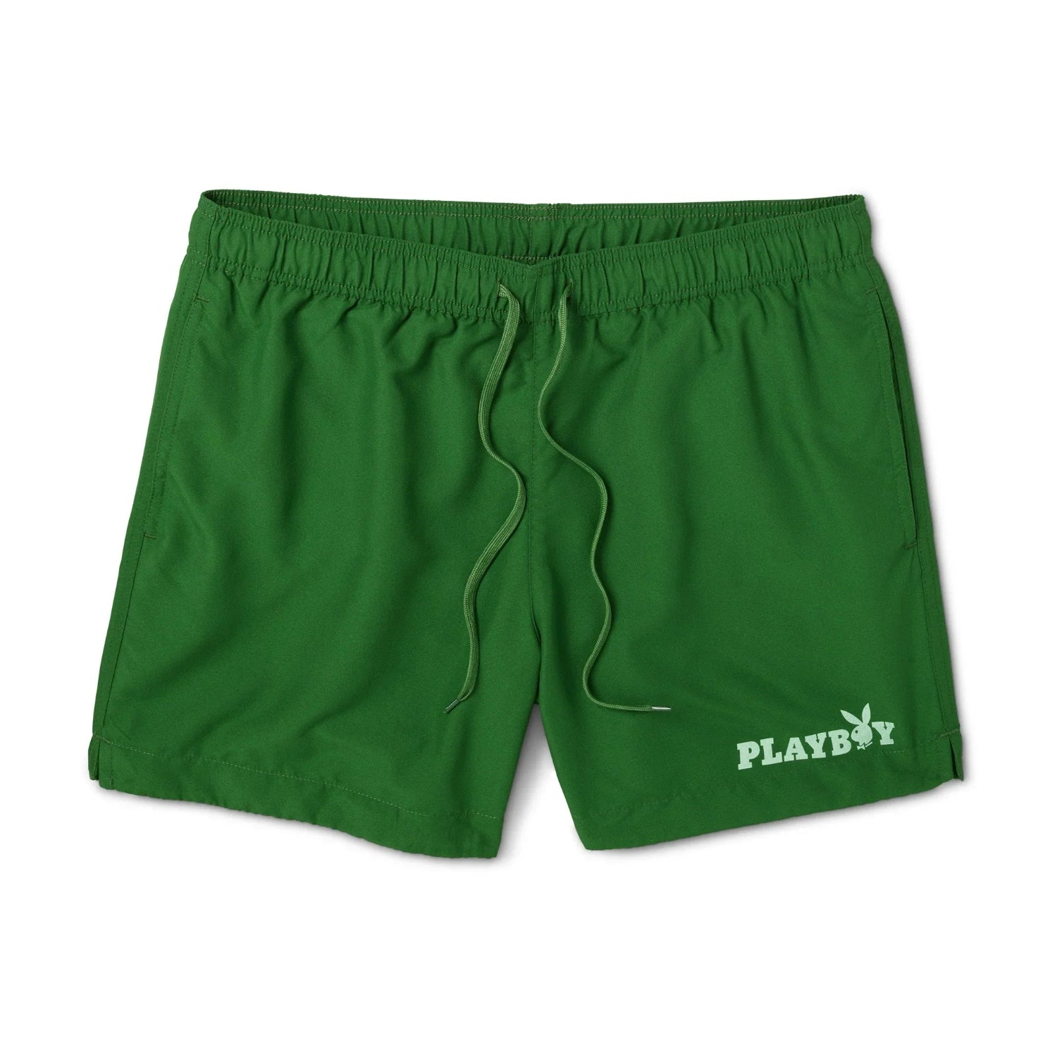 Men's green swim trunks with drawstring and white bunny logo on left leg