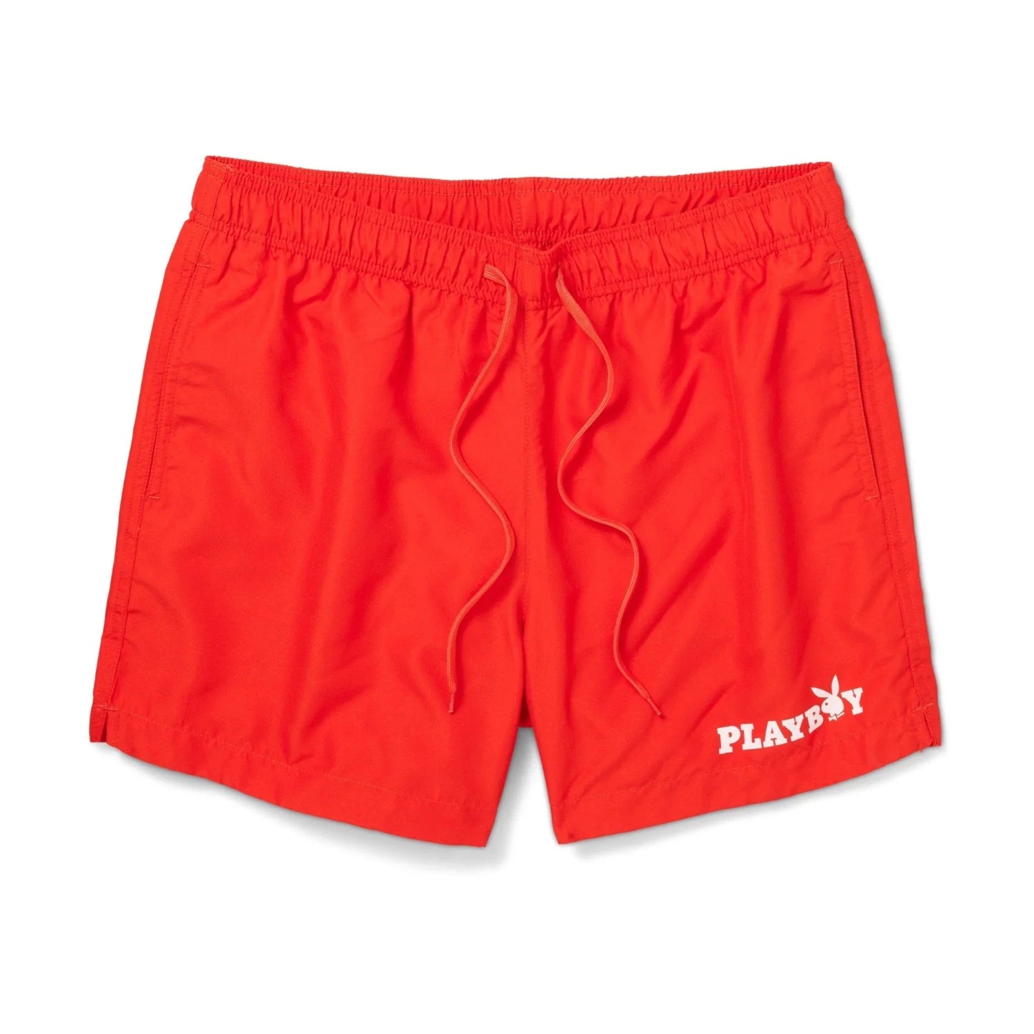 Men's bright red swim trunks with white logo and drawstring waistband, laid flat.