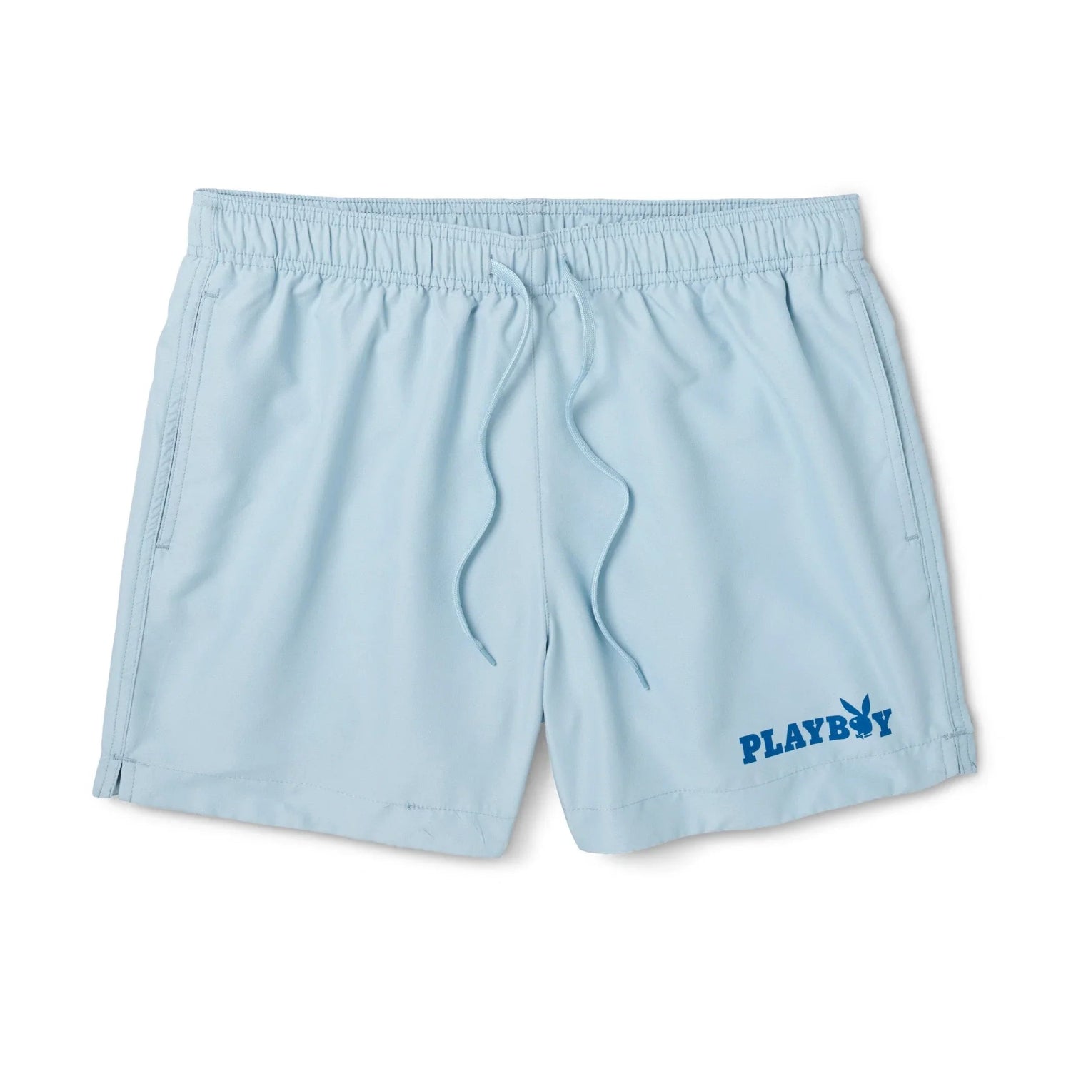 Light blue men's swim trunks with drawstring waist and blue graphic logo on leg