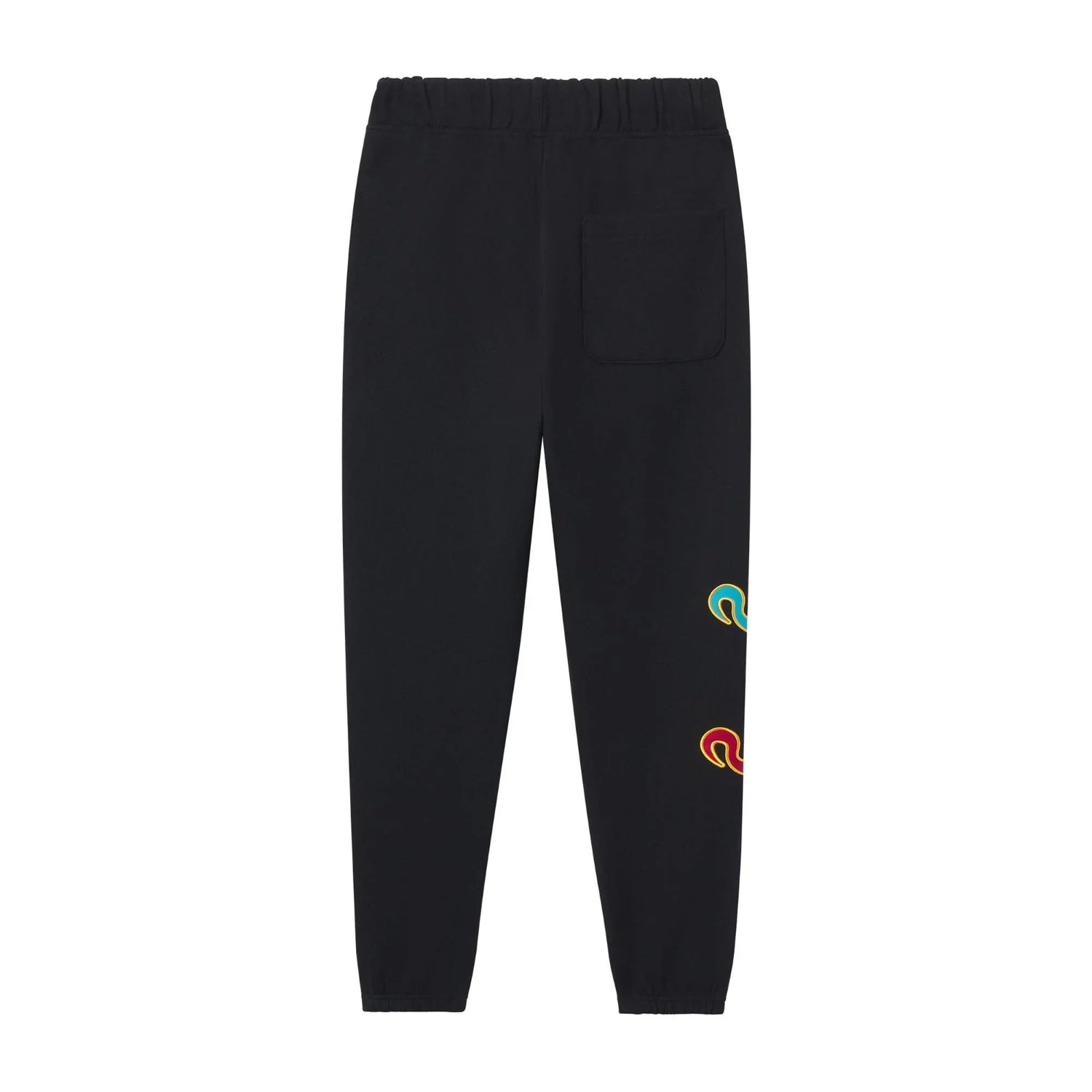 Black men's sweatpants with colorful embroidered designs and back pocket, flat lay