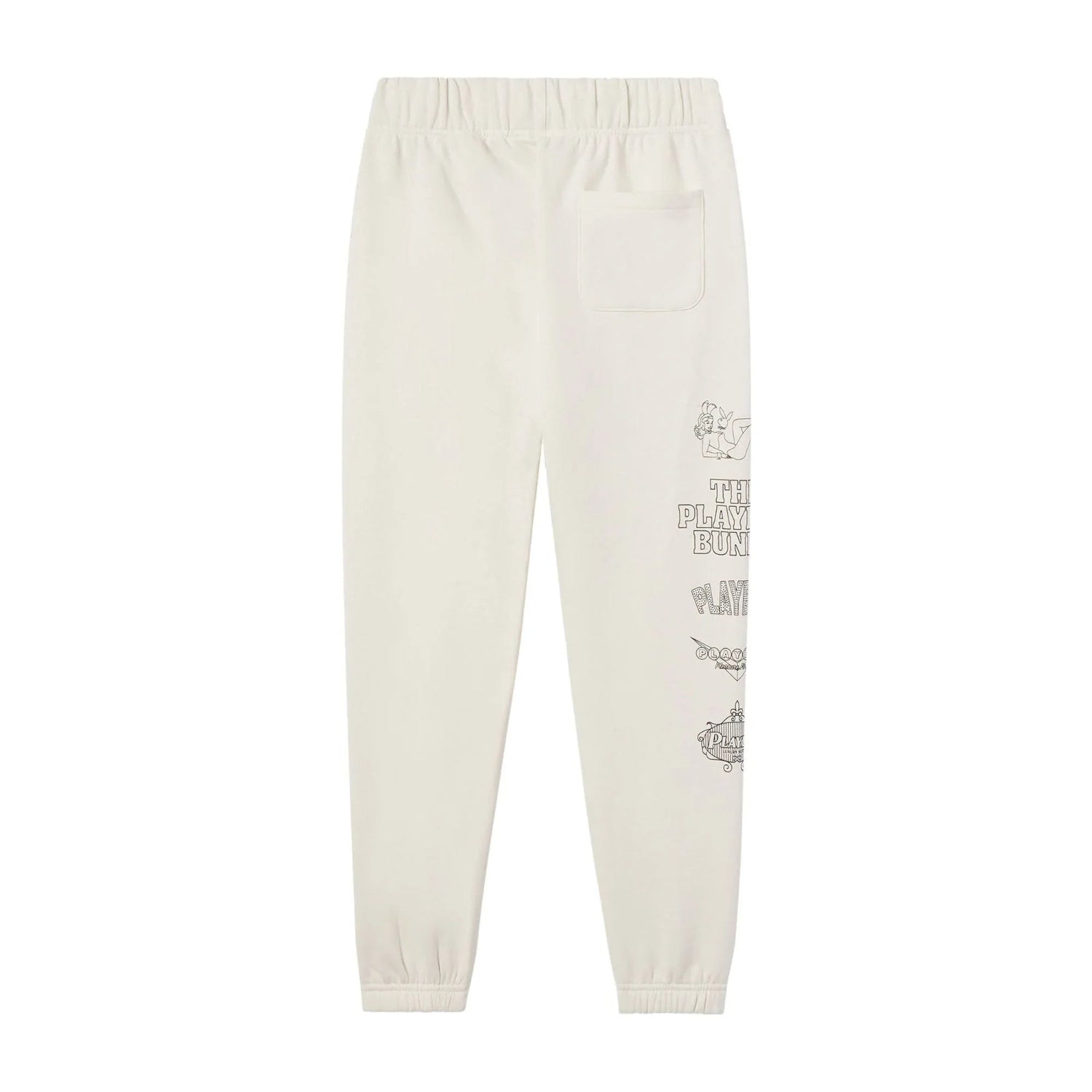 Men's white sweatpants with graphics and text on the right leg, elastic waistband, back pocket