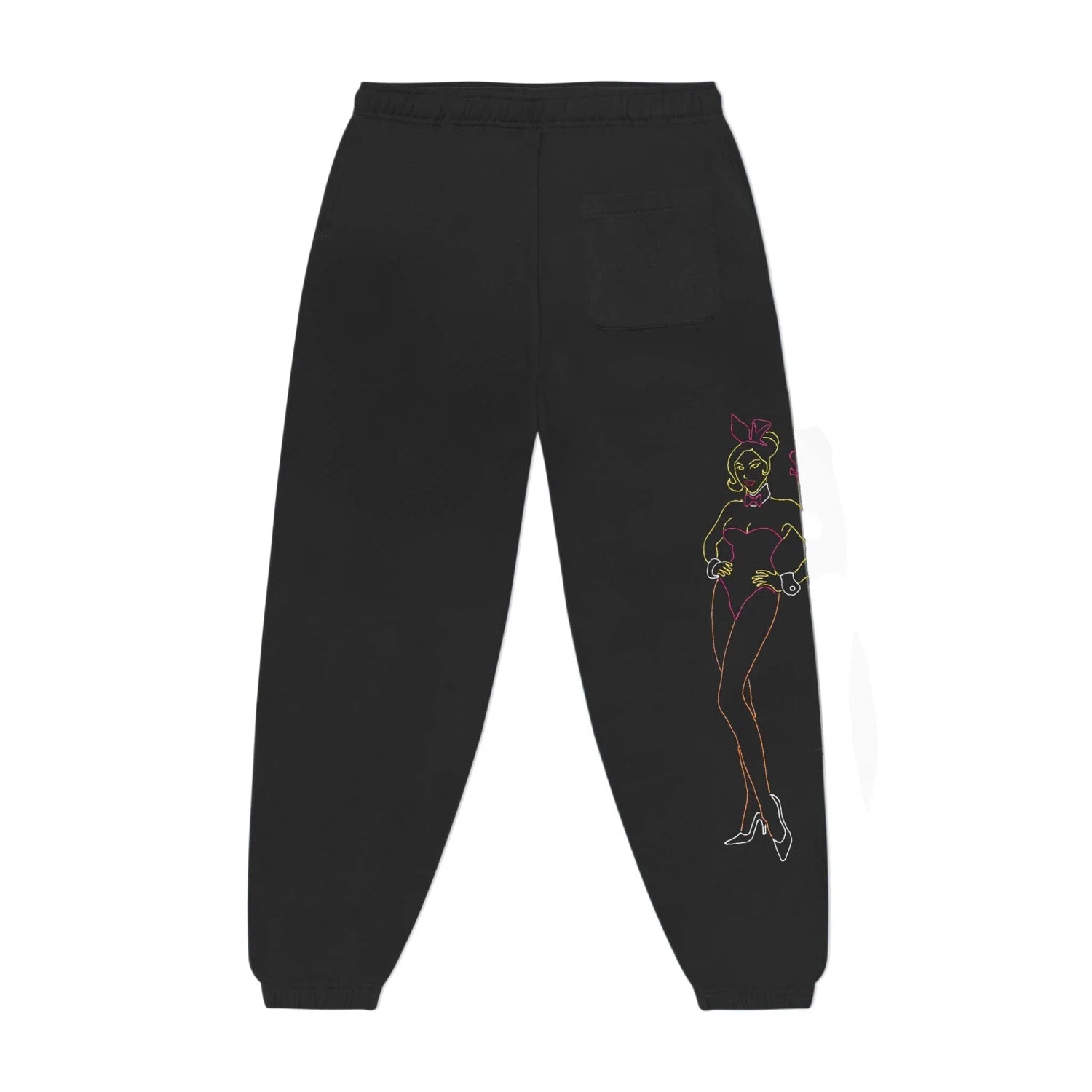 Black men's sweatpants with colorful neon outline of a bunny girl on the leg