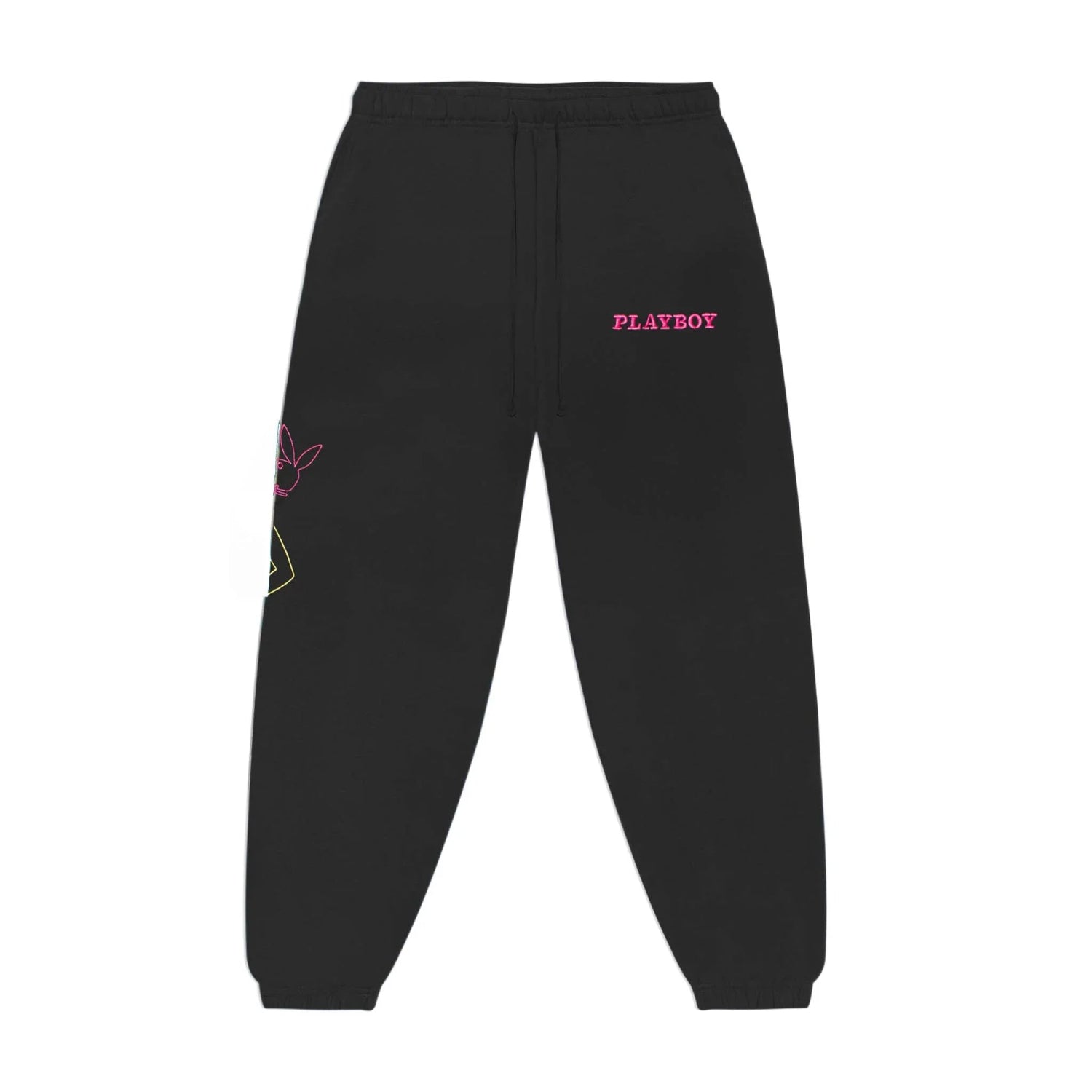 Men's black sweatpants with pink Playboy text and neon bunny outline graphic