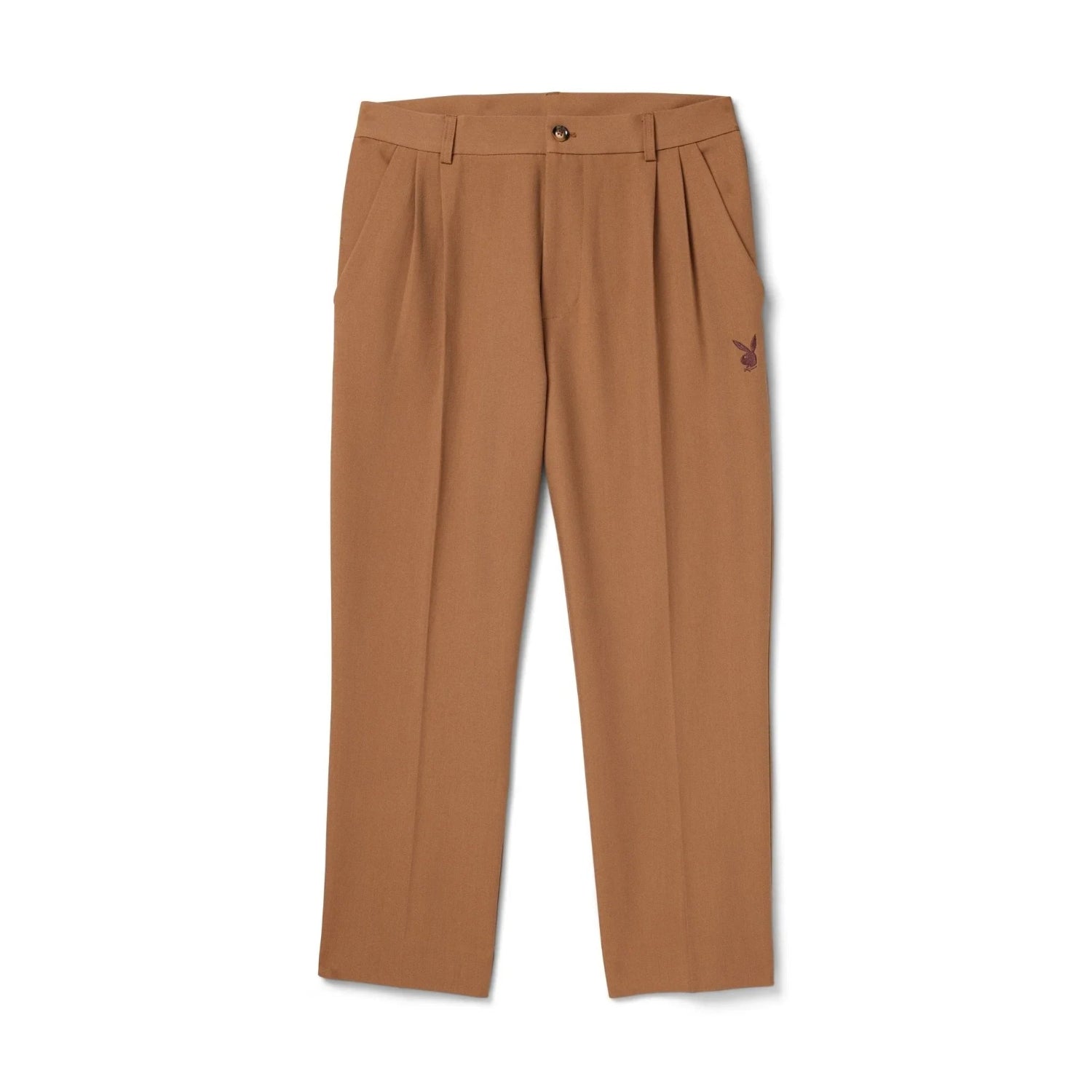 Men's classic brown trousers with pleats and embroidered bunny logo on pocket, front view