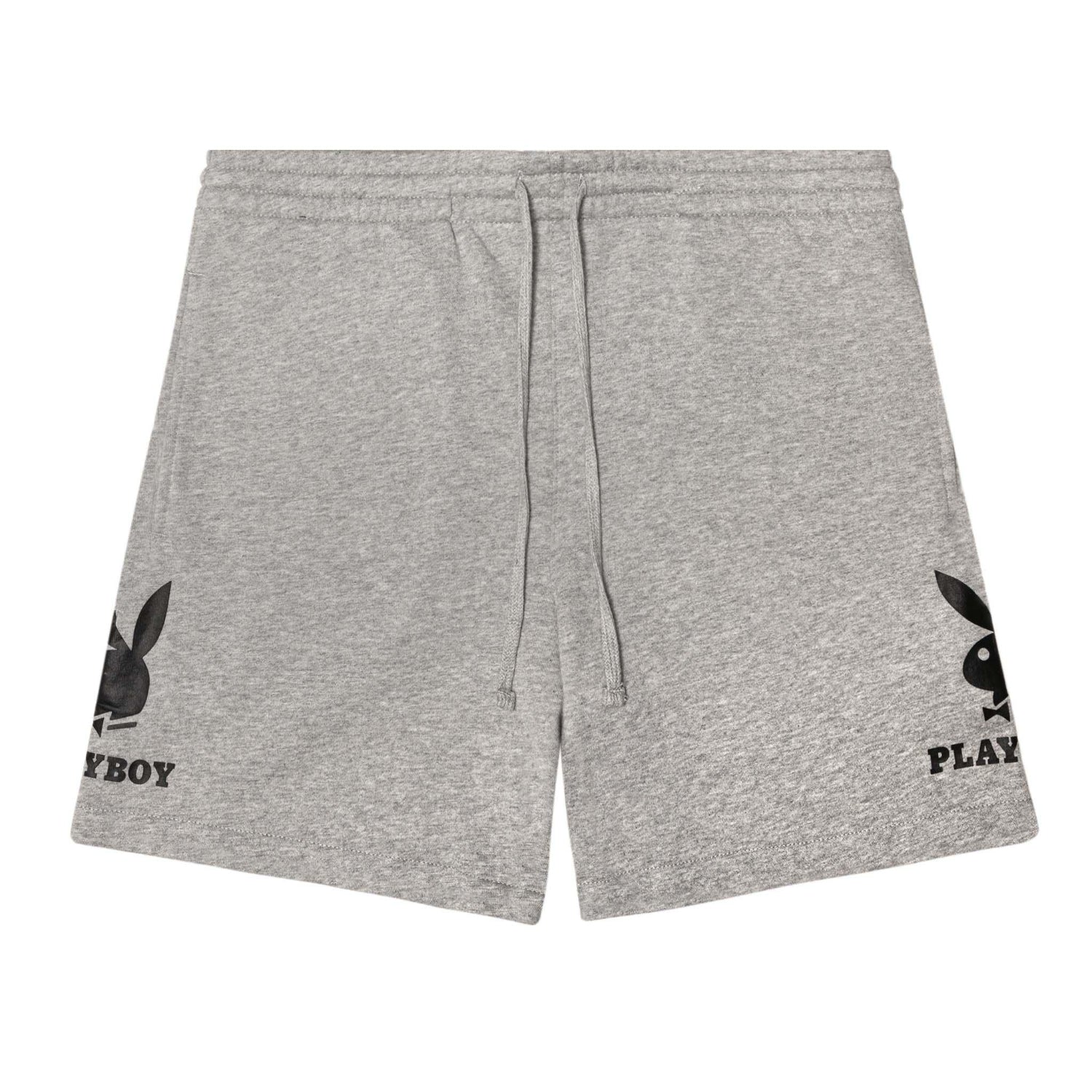 Men's grey sweat shorts with black bunny graphics and PLAYBOY text on both legs