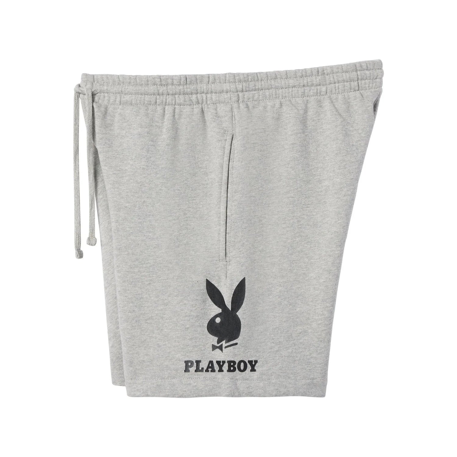 Light grey men's sweat shorts with black bunny graphic and drawstring waistband
