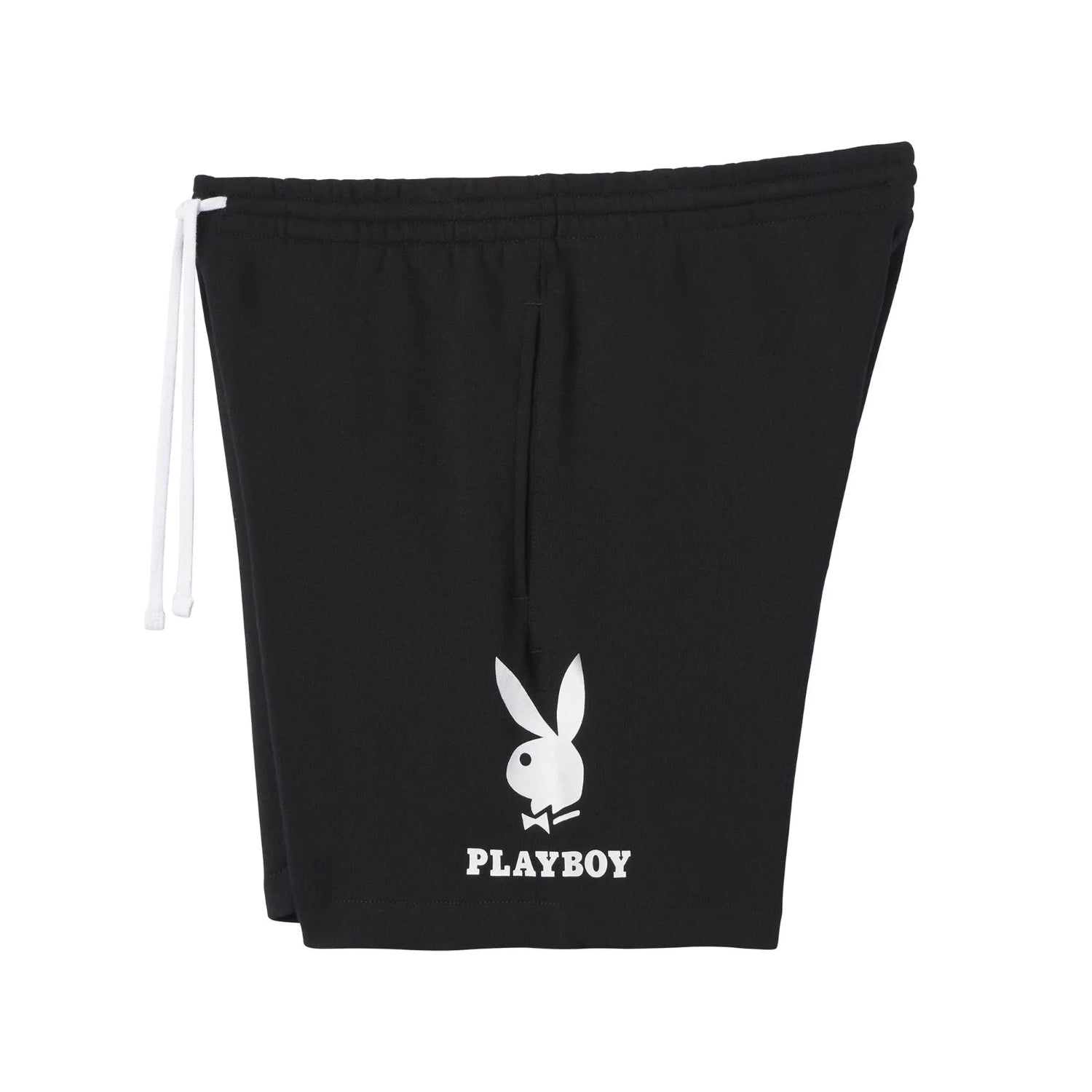 Black men's sweat shorts with white drawstring and bunny graphic print on front