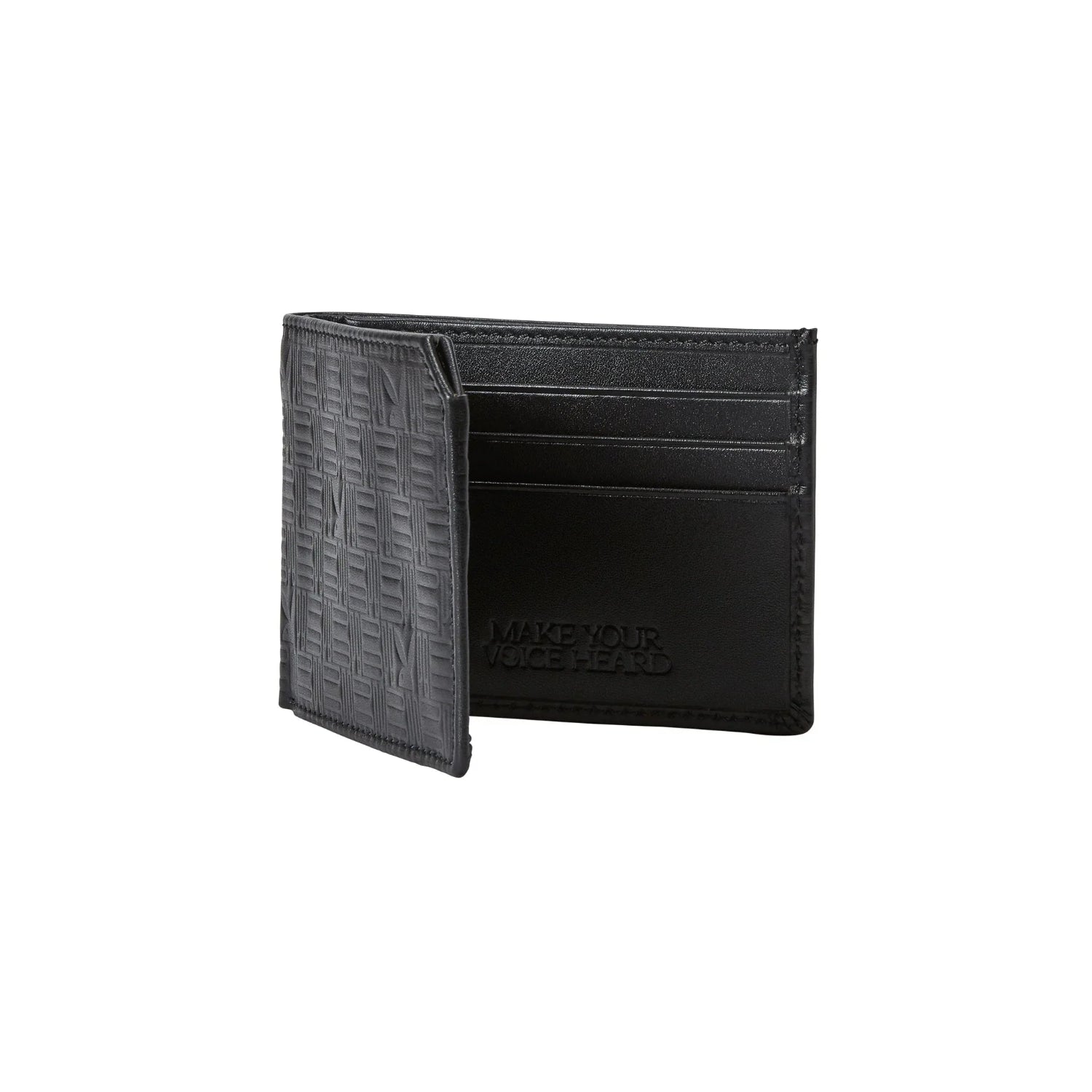 Men's black slim fold wallet with embossed textured pattern and multiple card slots