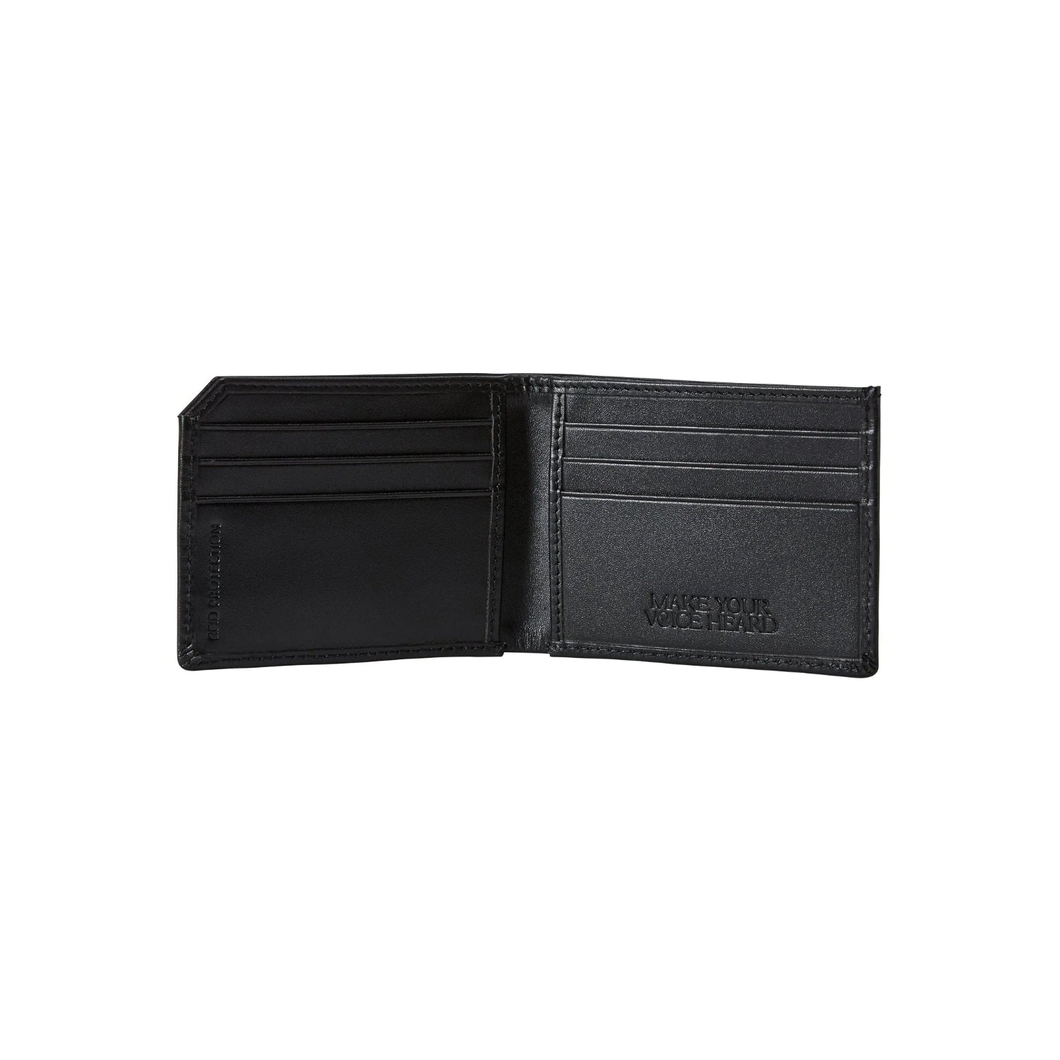 Black men's slim fold wallet with multiple card slots, embossed text inside