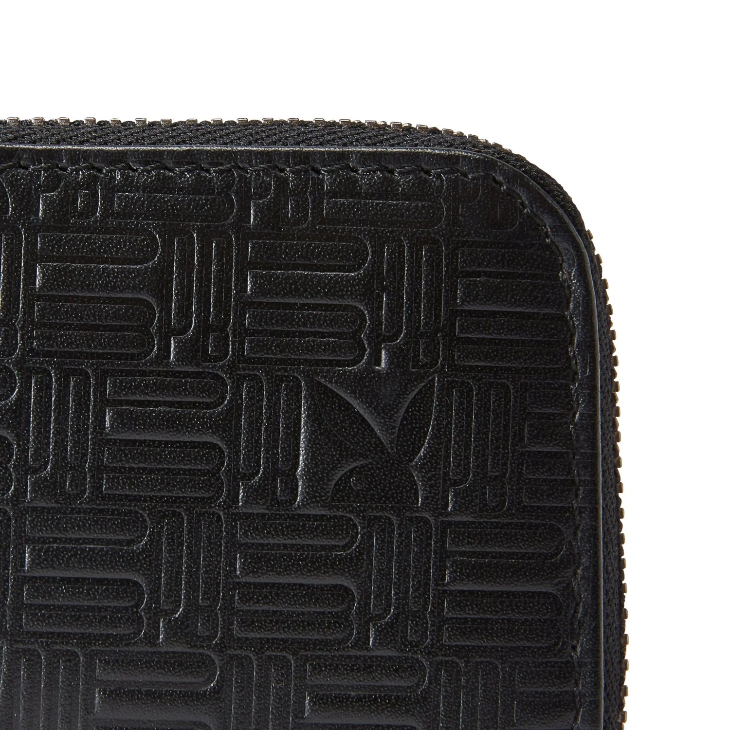 Close-up of black men's embossed zip-front wallet with textured geometric pattern