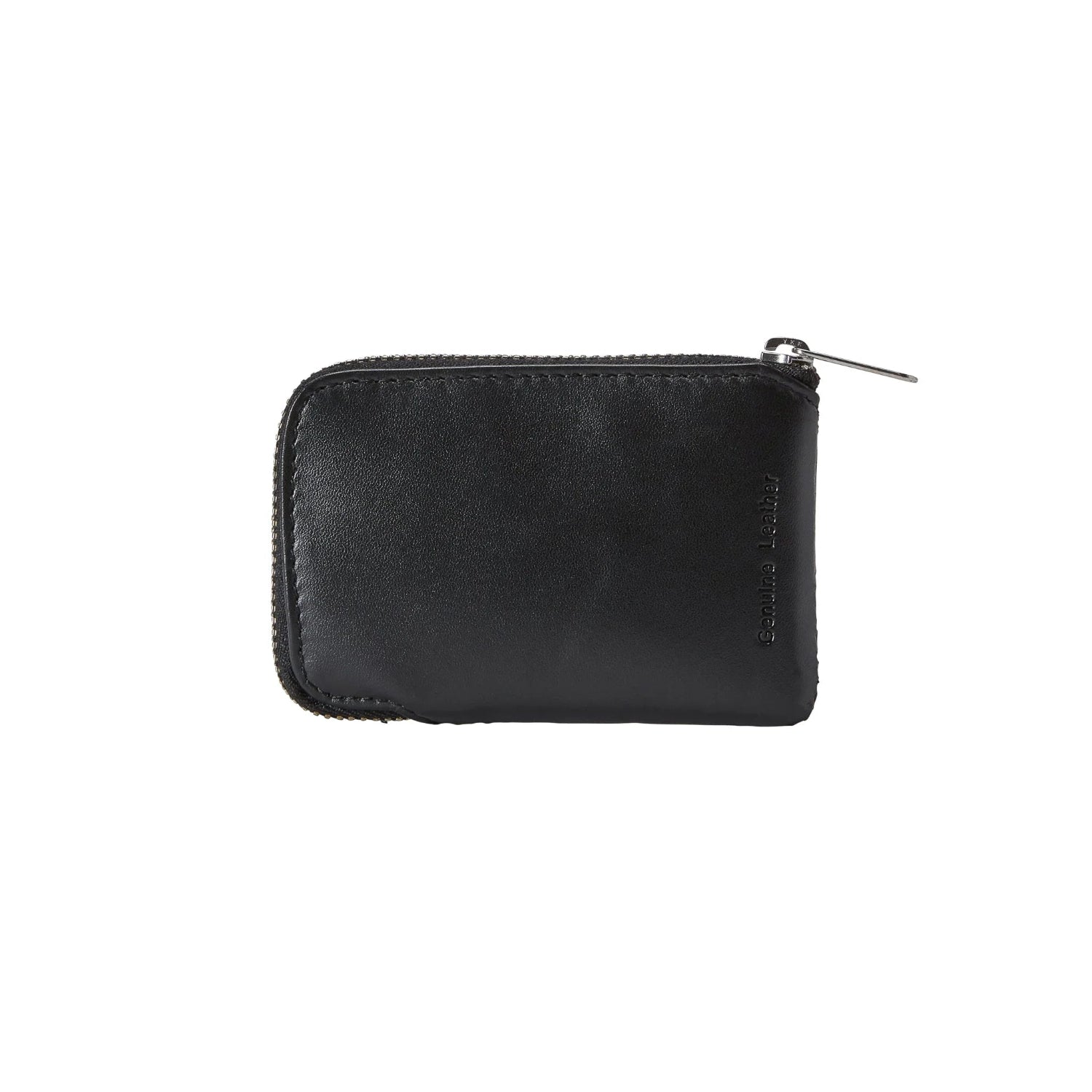 Men's black embossed zip-front leather wallet on white background