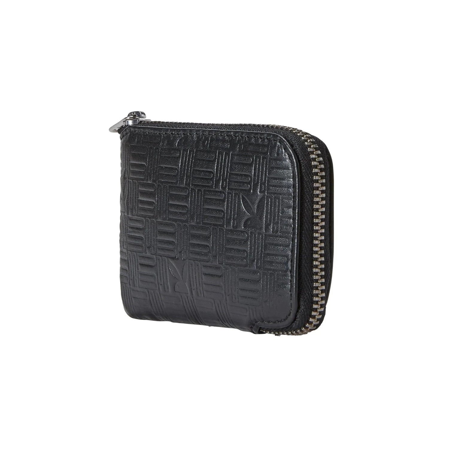 Men’s black embossed leather zip-around wallet with textured geometric pattern