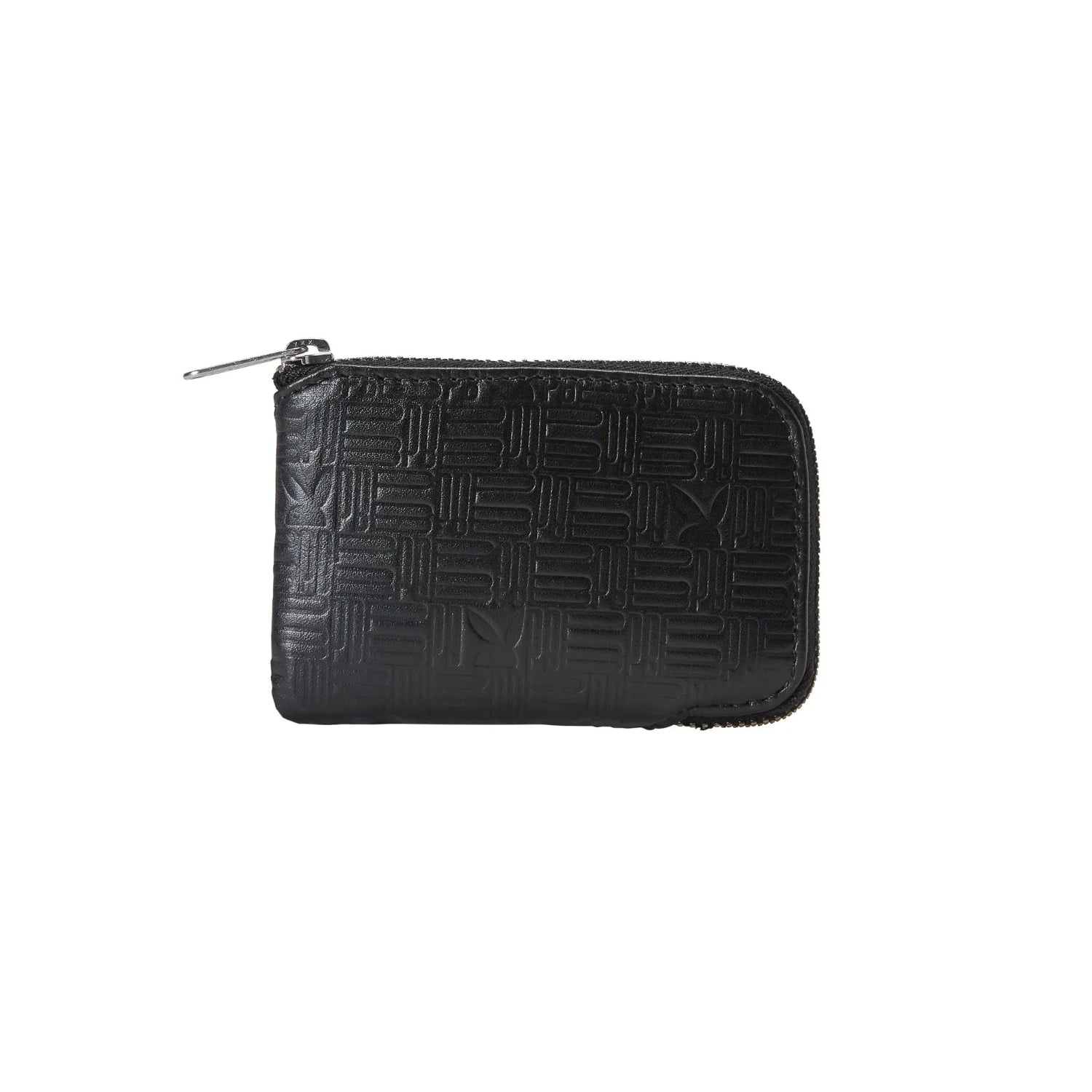 Men's black embossed zip front wallet with textured geometric pattern on white background