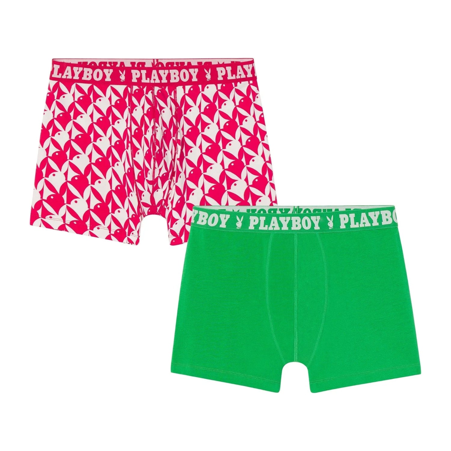 Two-pack men's boxer briefs, one green, one red and white with logo waistband.