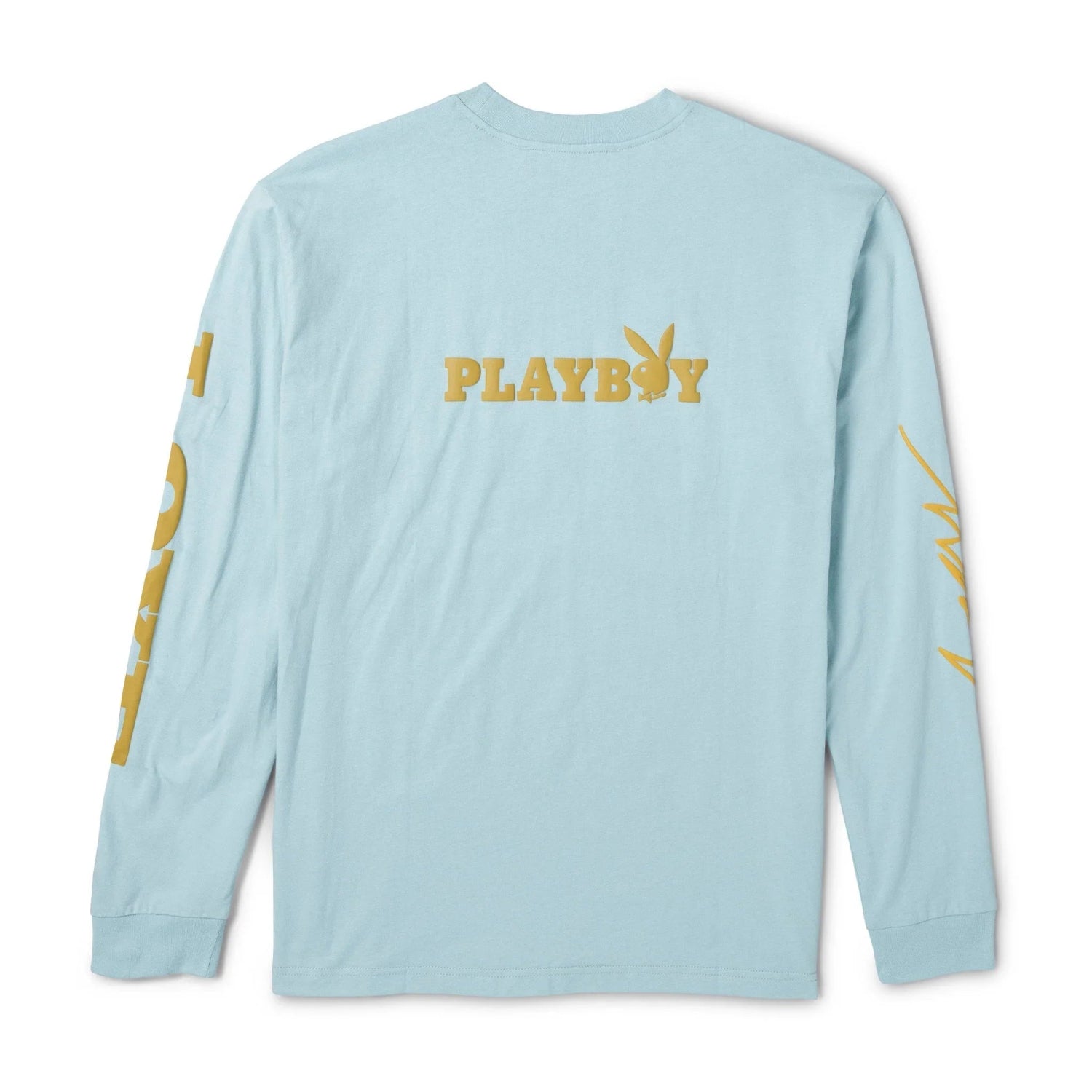 Light blue men's long sleeve t-shirt with gold Playboy logo and graphic text on sleeves