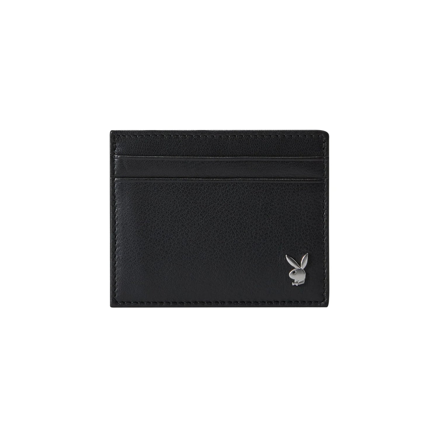 Black men's leather front pocket wallet with metal rabbit logo and card slots
