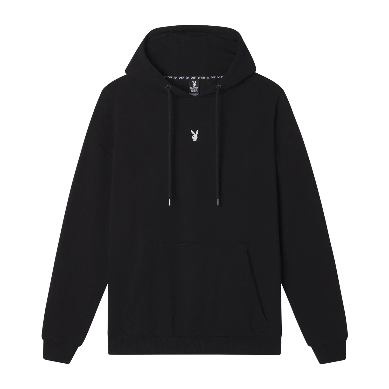 Black men's hoodie with white bunny logo on chest and front kangaroo pocket