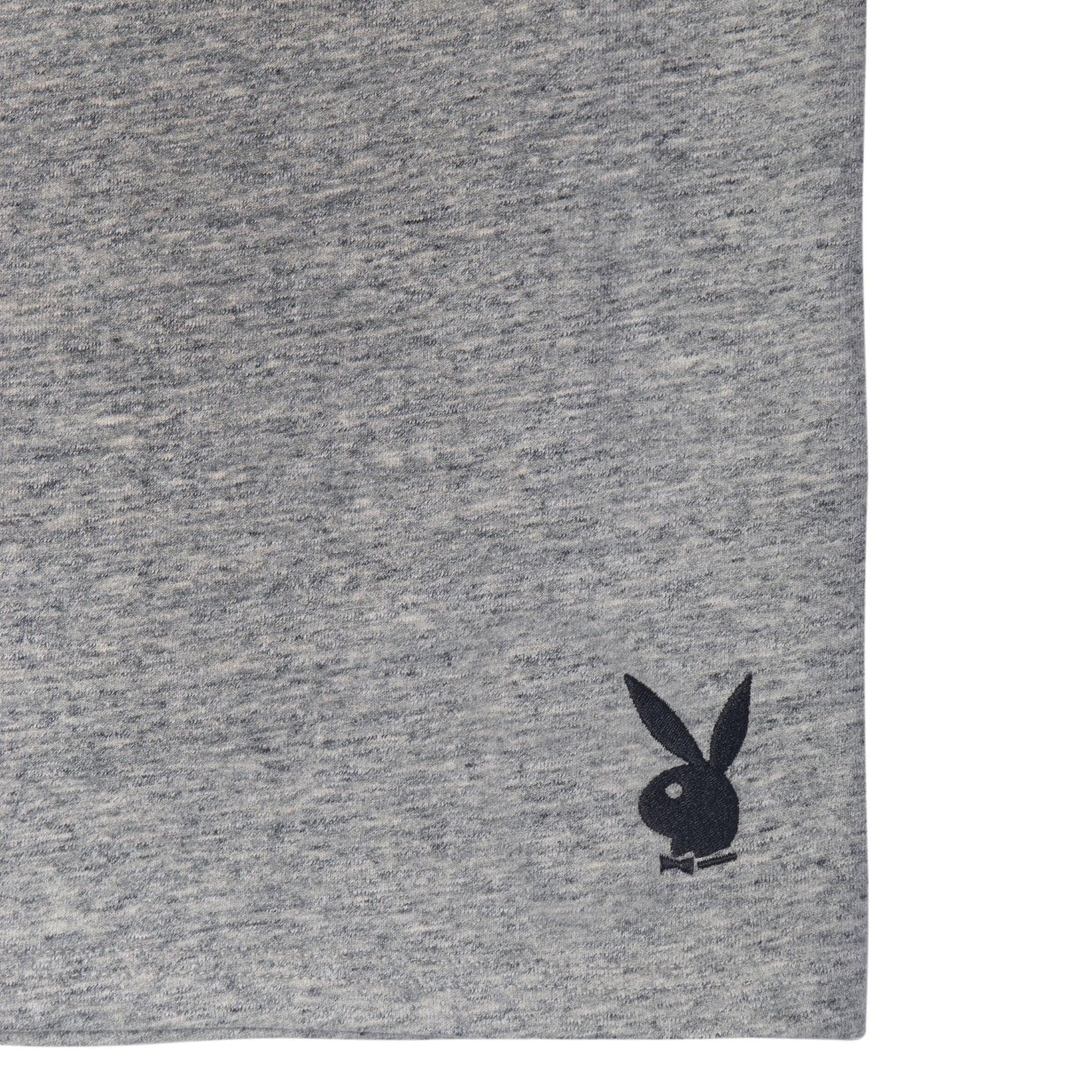 Men's grey sweat shorts with black rabbit head logo on hem