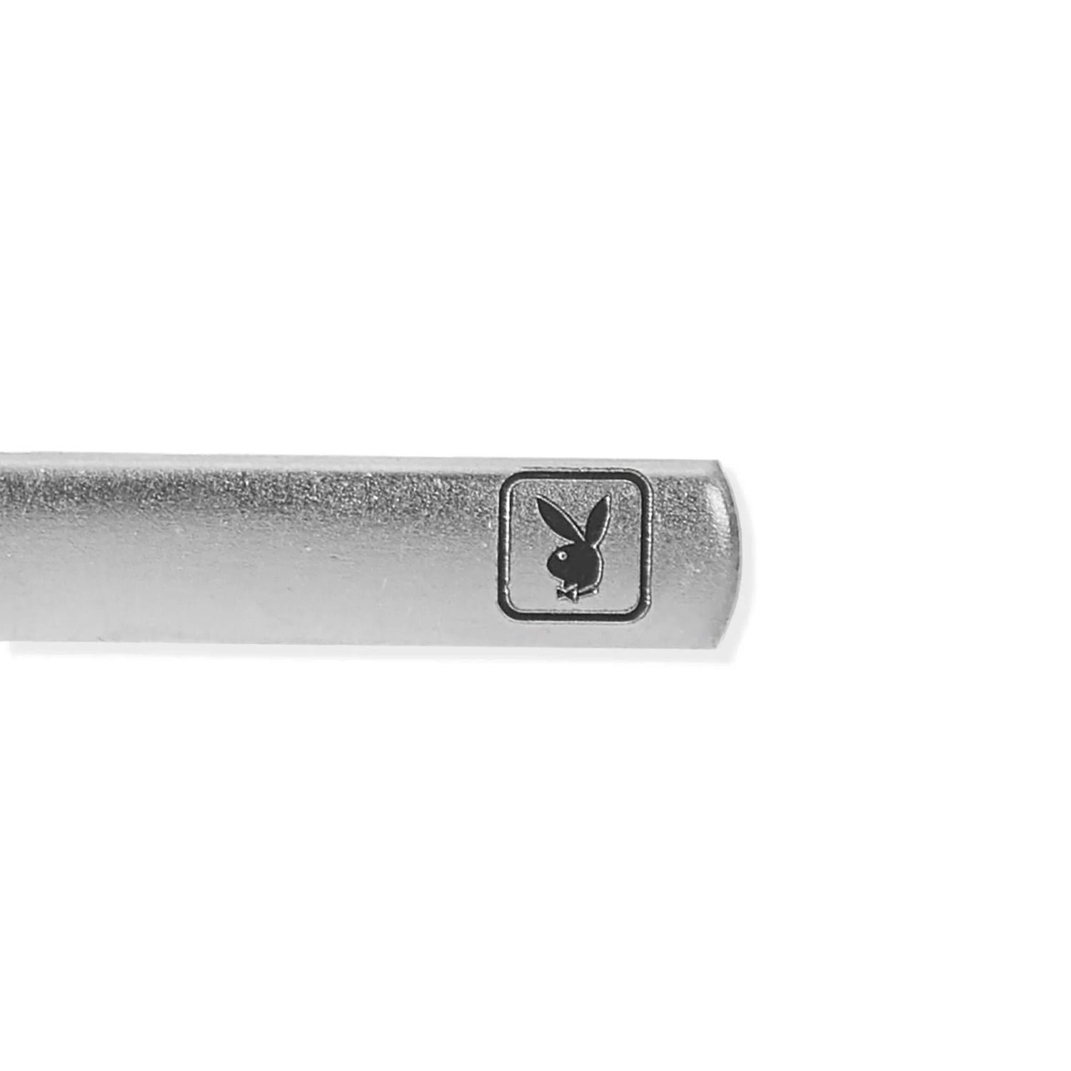Men's silver tie clip with black rabbit head logo, stylish accessory for formal wear