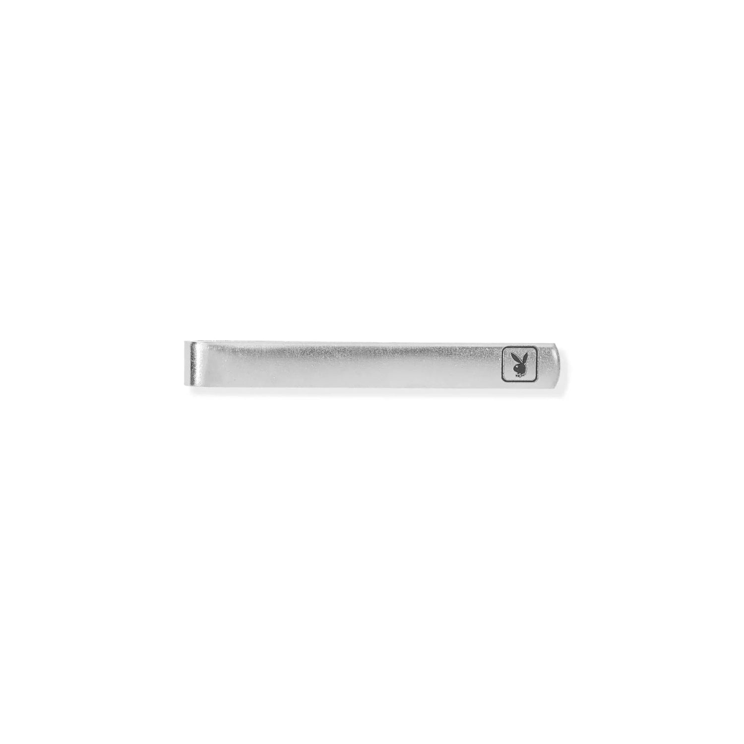 Silver men's tie clip with engraved rabbit head emblem on white background