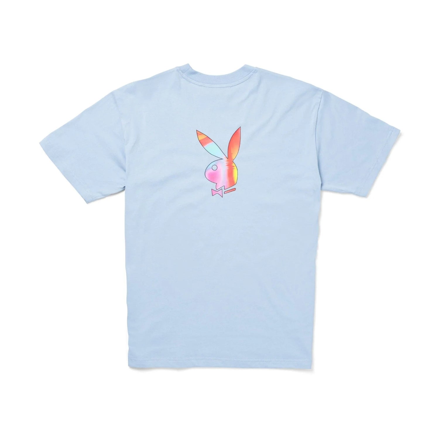Light blue men's t-shirt with colorful bunny logo graphic on the back