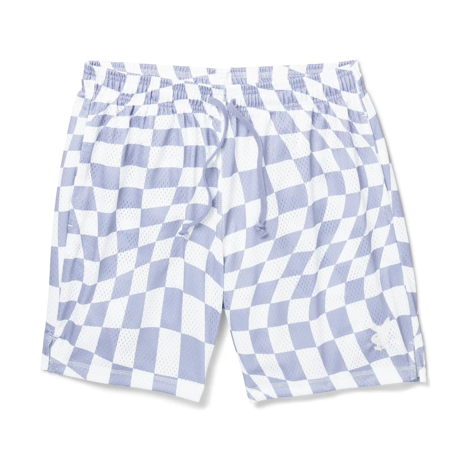Men's basketball shorts with wavy blue and white checker pattern and elastic waistband