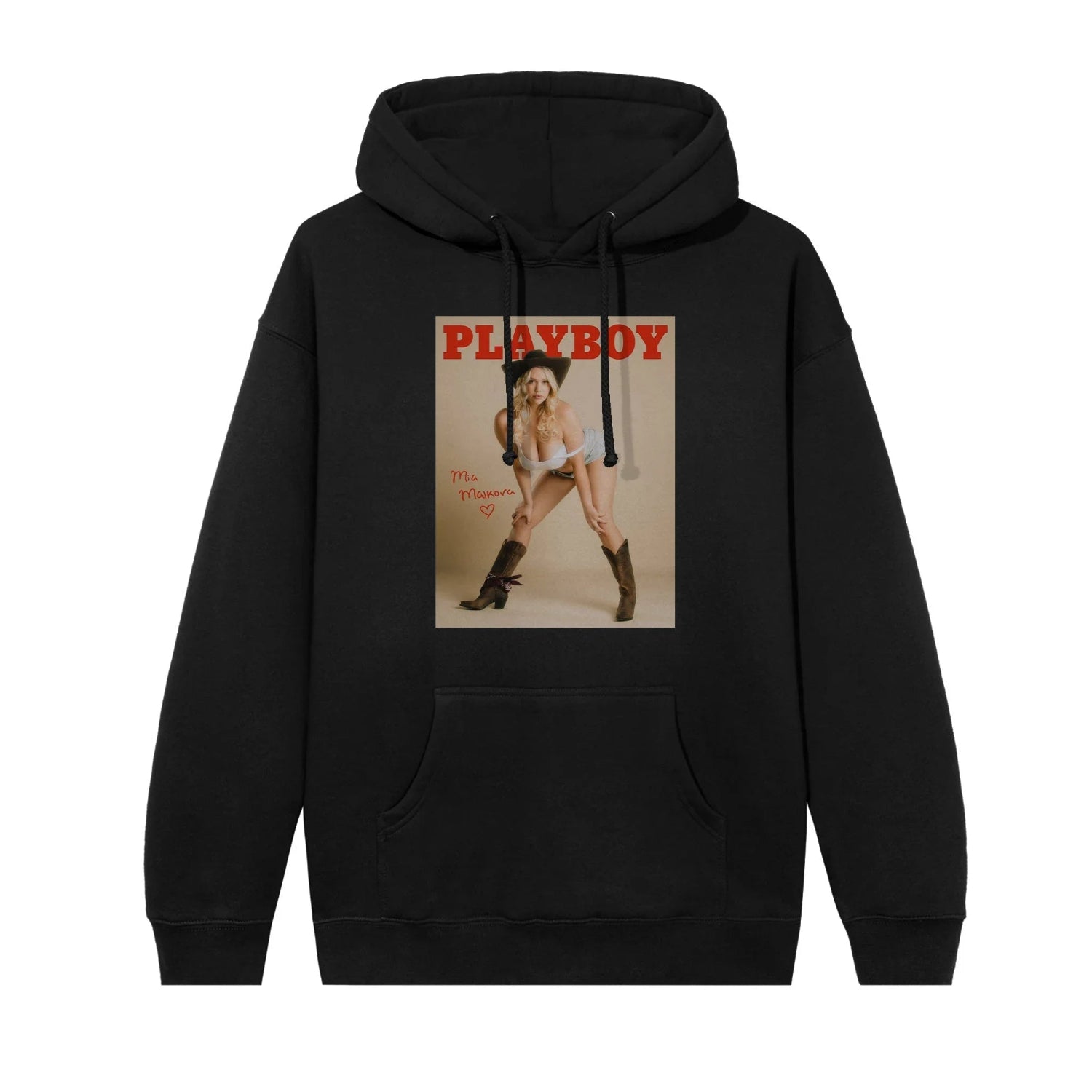 Black hoodie featuring a retro magazine cover graphic with a model in lingerie and boots.