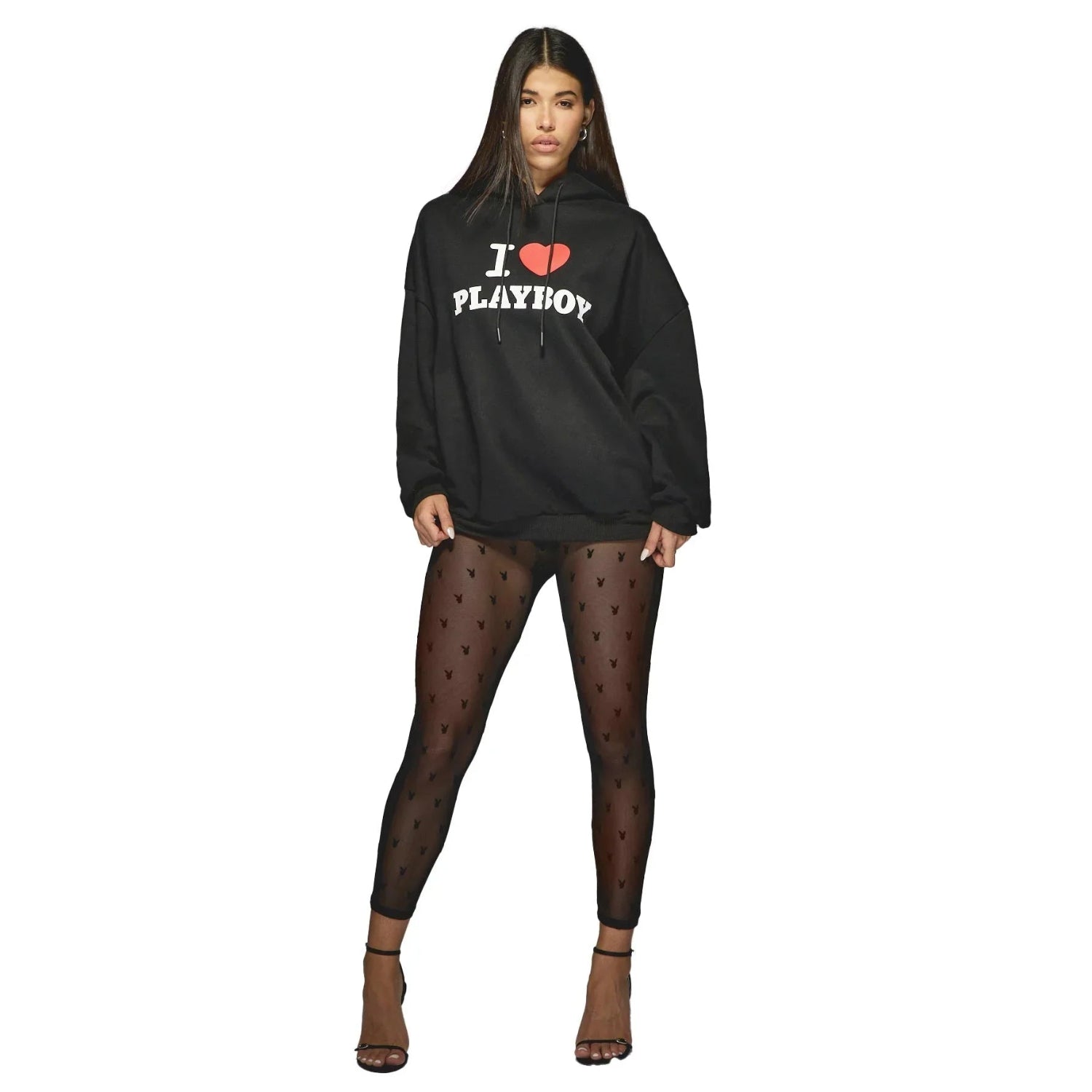 Woman modeling black hoodie with 'I love Playboy' text and sheer leggings with bunny prints