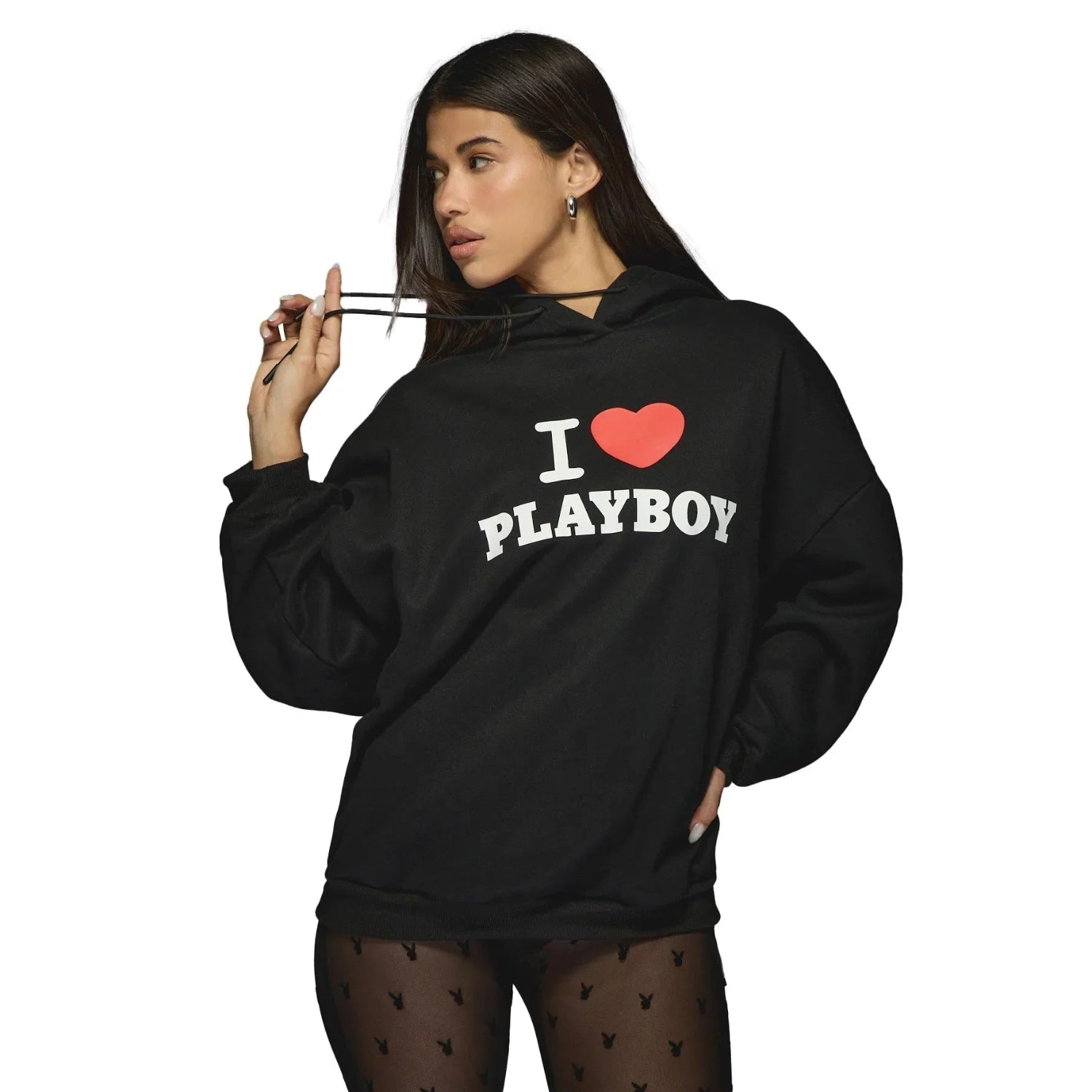 Woman wearing black 'I heart Playboy' hoodie and sheer tights with Playboy logos