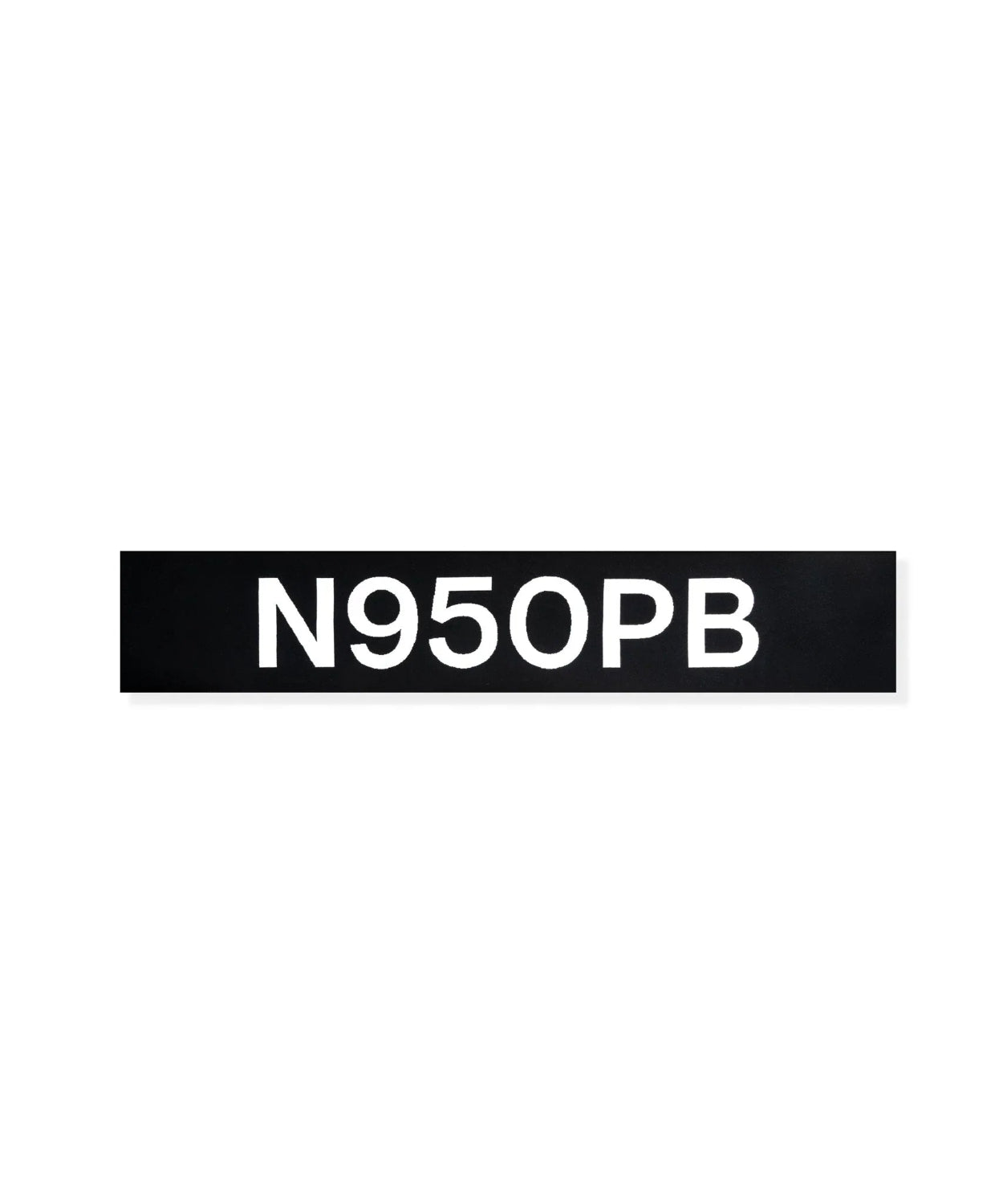 Black rectangular scarf tag with bold white N950PB lettering on white background